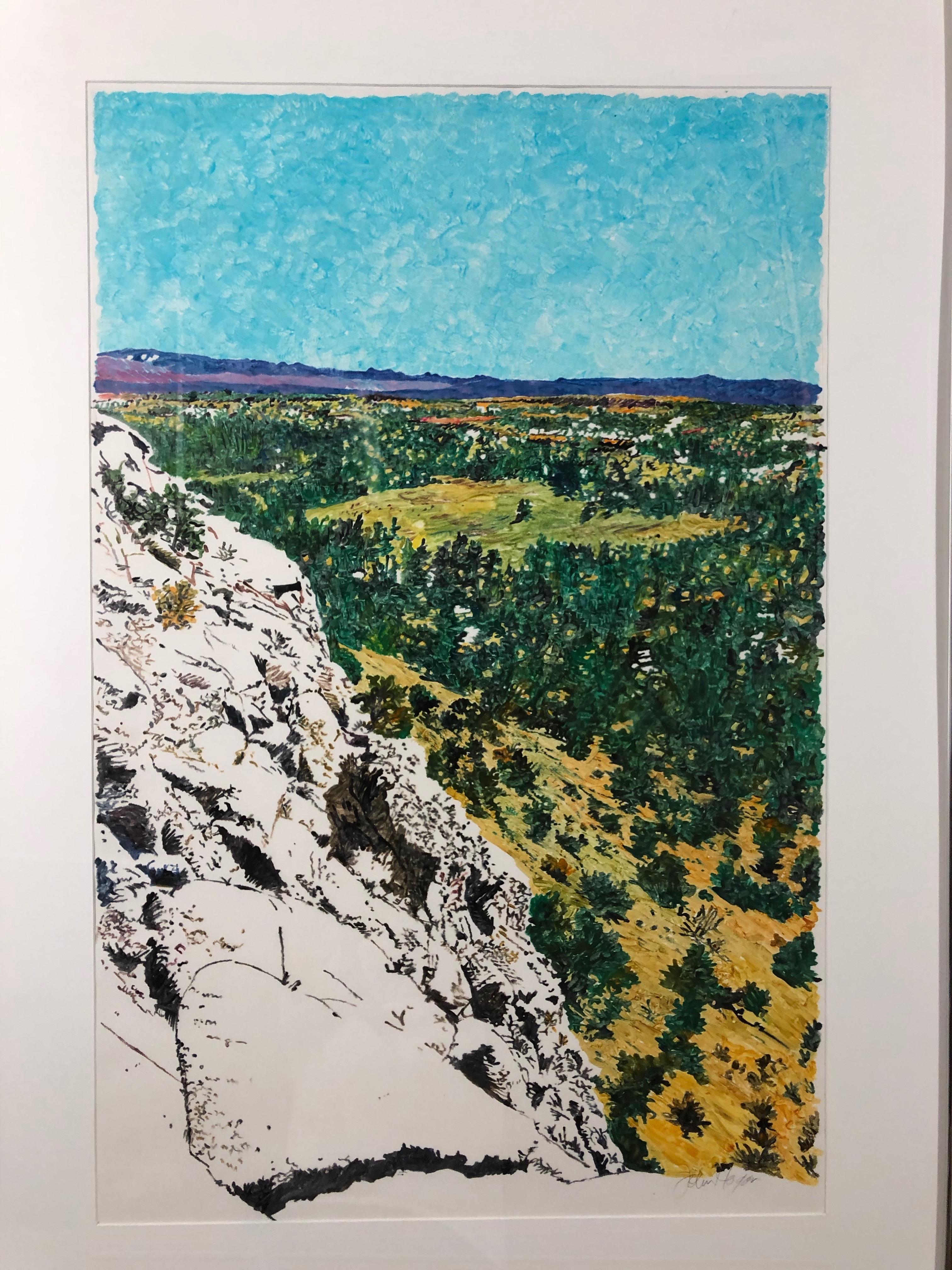 Los Alamos Hills monotipo de John Hogan, paisaje de acantilados, verdes, blanco amarillo - Print de John Hogan (American)