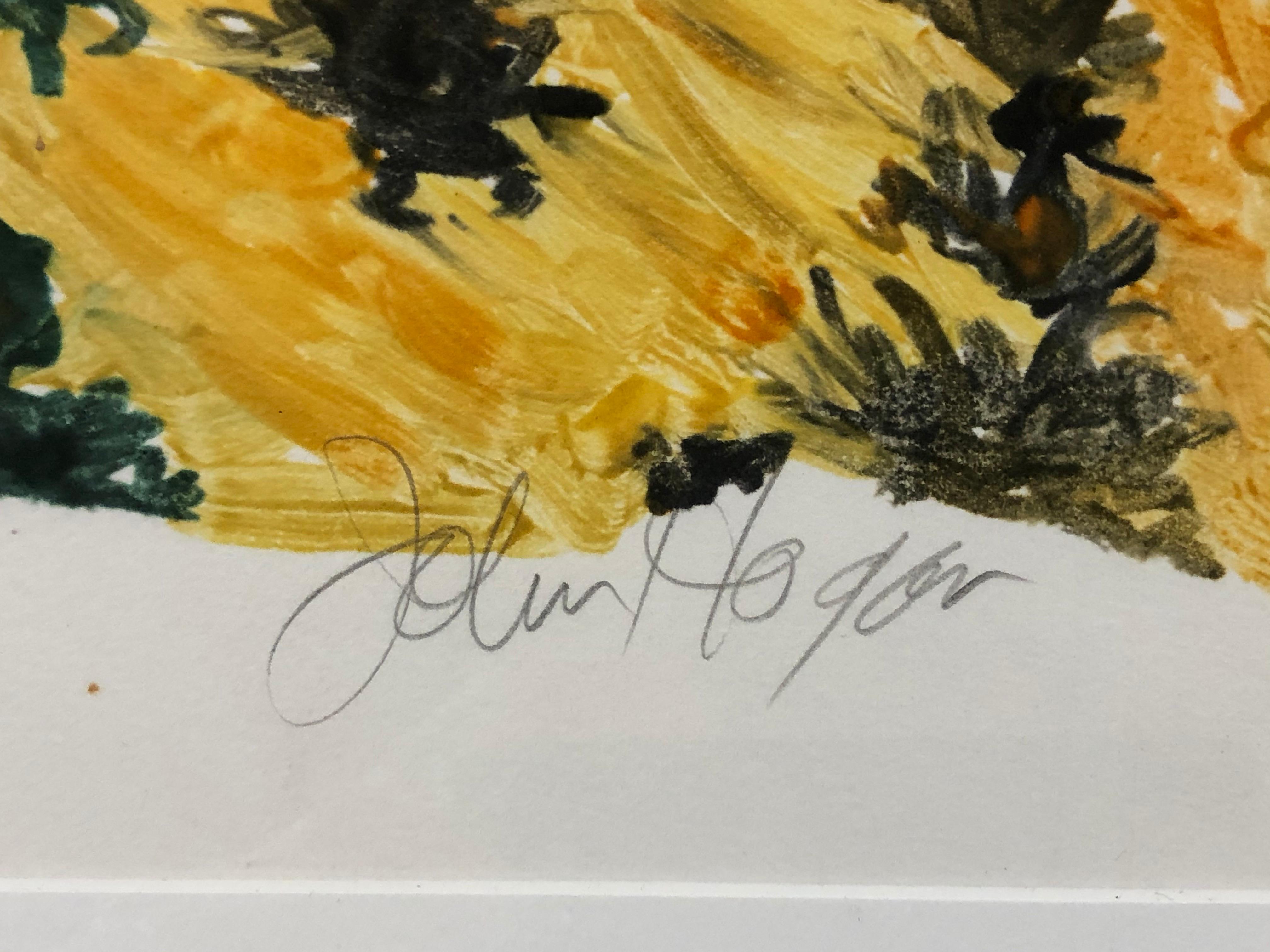 Los Alamos Hills monotipo de John Hogan, paisaje de acantilados, verdes, blanco amarillo

John Hogan Licenciado por la Northeast Louisiana State University y Master en Arte por la New Mexico Highlands University, Hogan estudió con Edward Schutz y