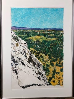 Los Alamos Hills monotype by John Hogan, landscape cliffs, greens, yellow white