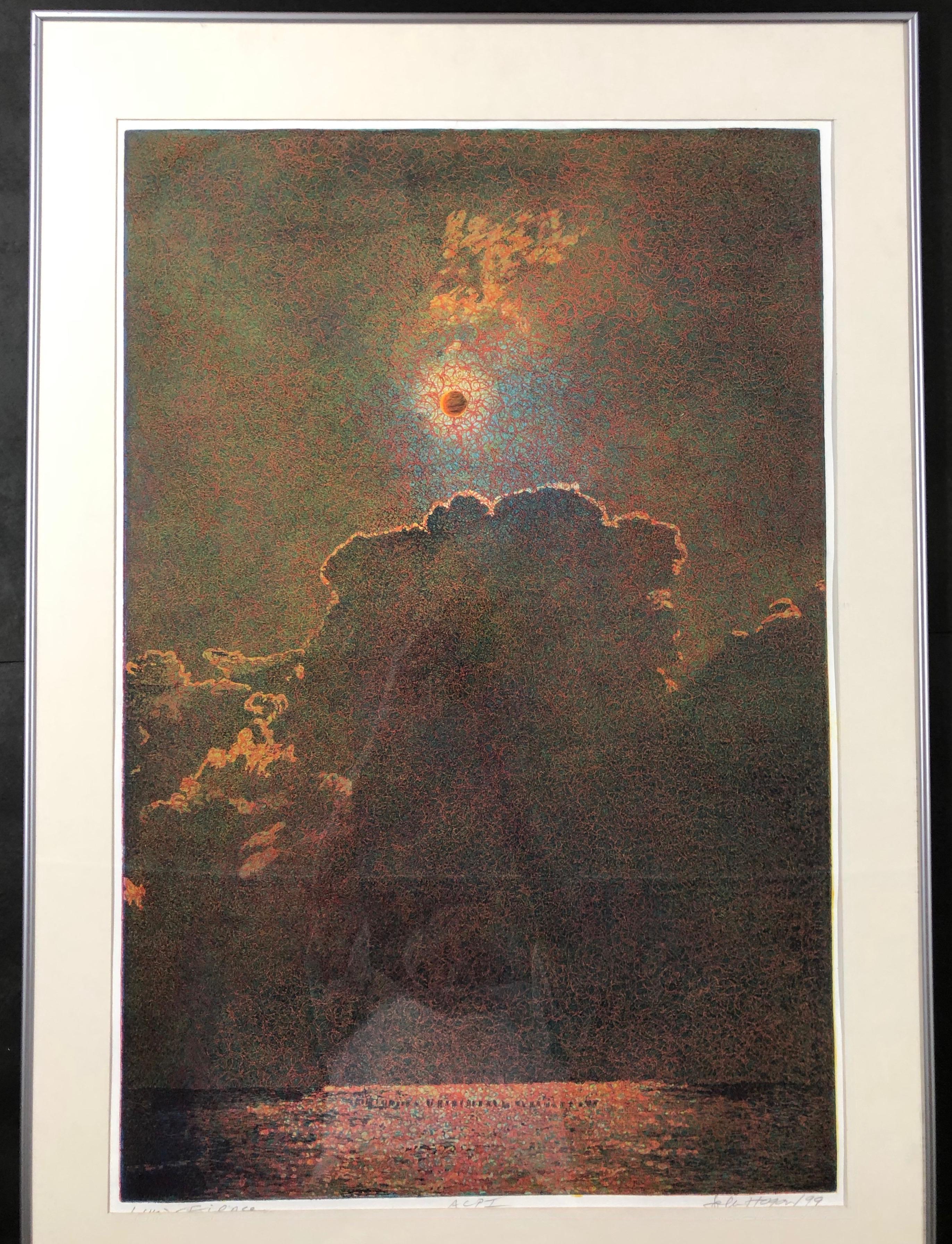 Lunar Eclipse by John Hogan etching landscape red, brown, black limited edition 