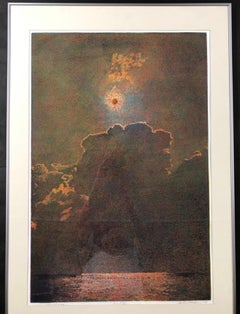 Eclipse de lune, par John Hogan, eau-forte, paysage, rouge, brun, édition limitée 