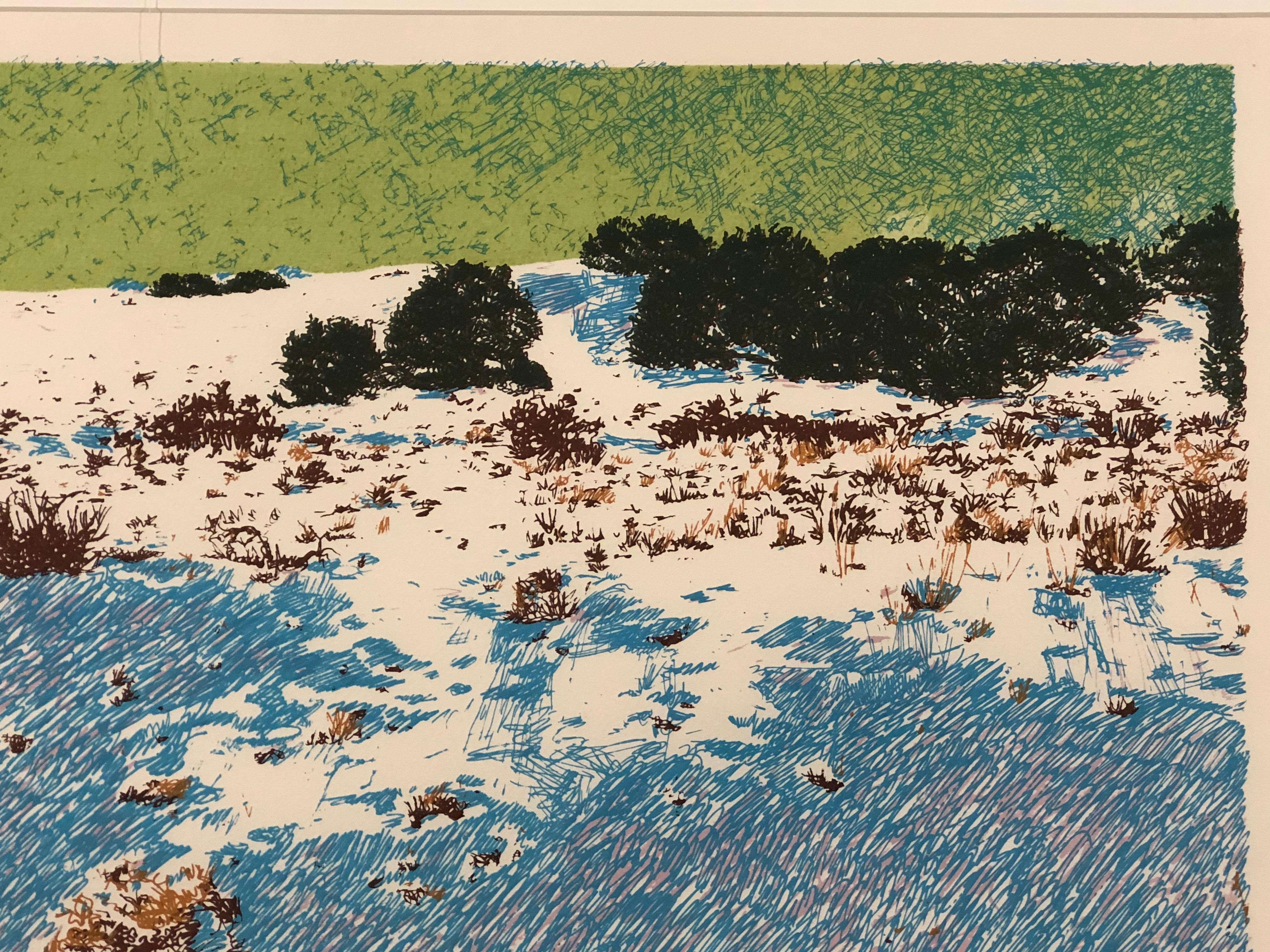 Prairie Winter, Cerrillos Flats by John Hogan serigraph New Mexico Landscape
brown, white, blue, pink
limited edition framed serigraph 2/20 © 1979

John Hogan A graduate of Northeast Louisiana State University with a bachelor's degree and New Mexico