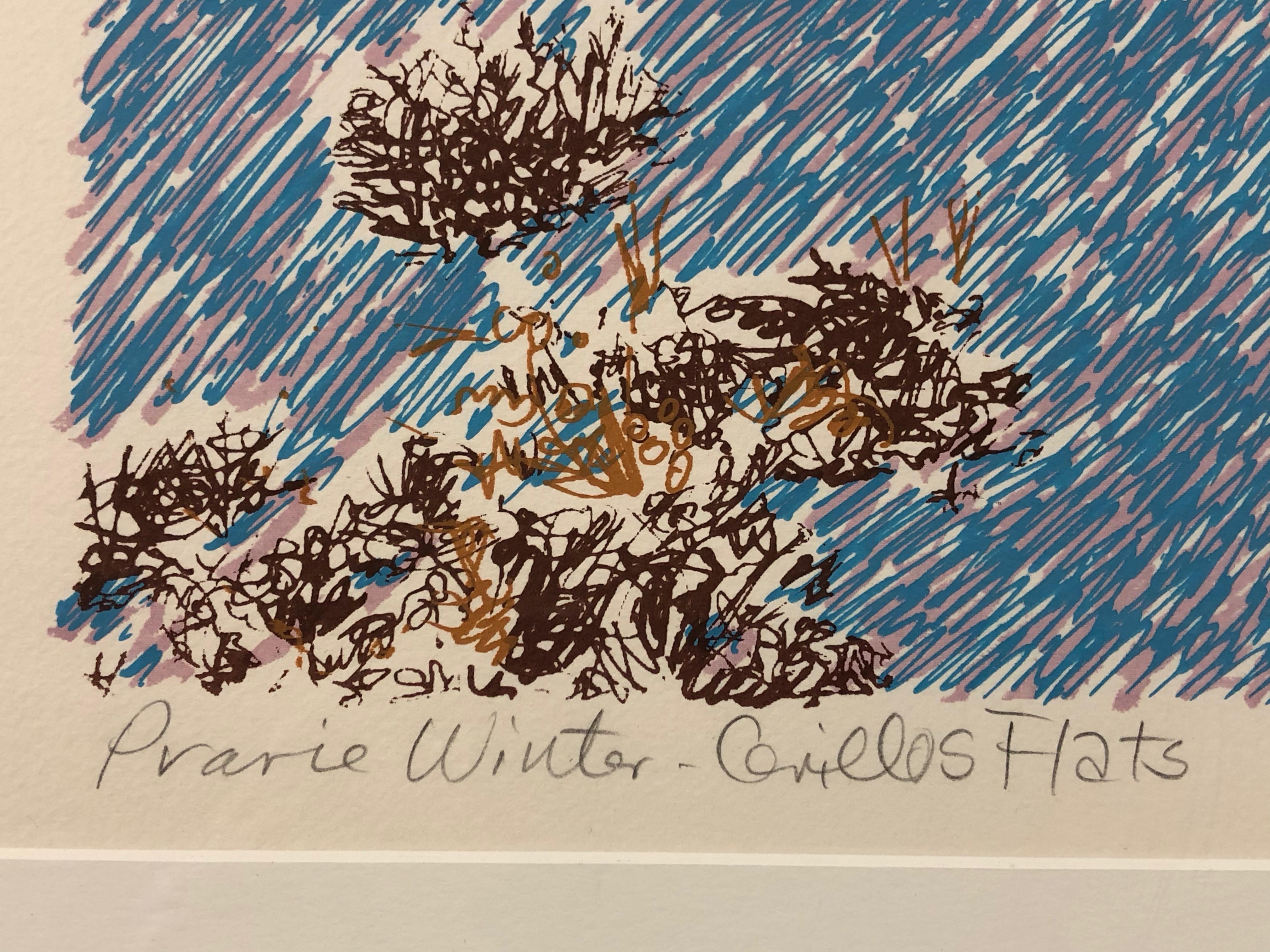 Prärie Winter, Cerrillos Flats von John Hogan Serigraphie New Mexico Landschaft
braun, weiß, blau, rosa
limitierte Auflage gerahmte Serigraphie 2/20 © 1979

John Hogan Ein Absolvent der Northeast Louisiana State University mit einem