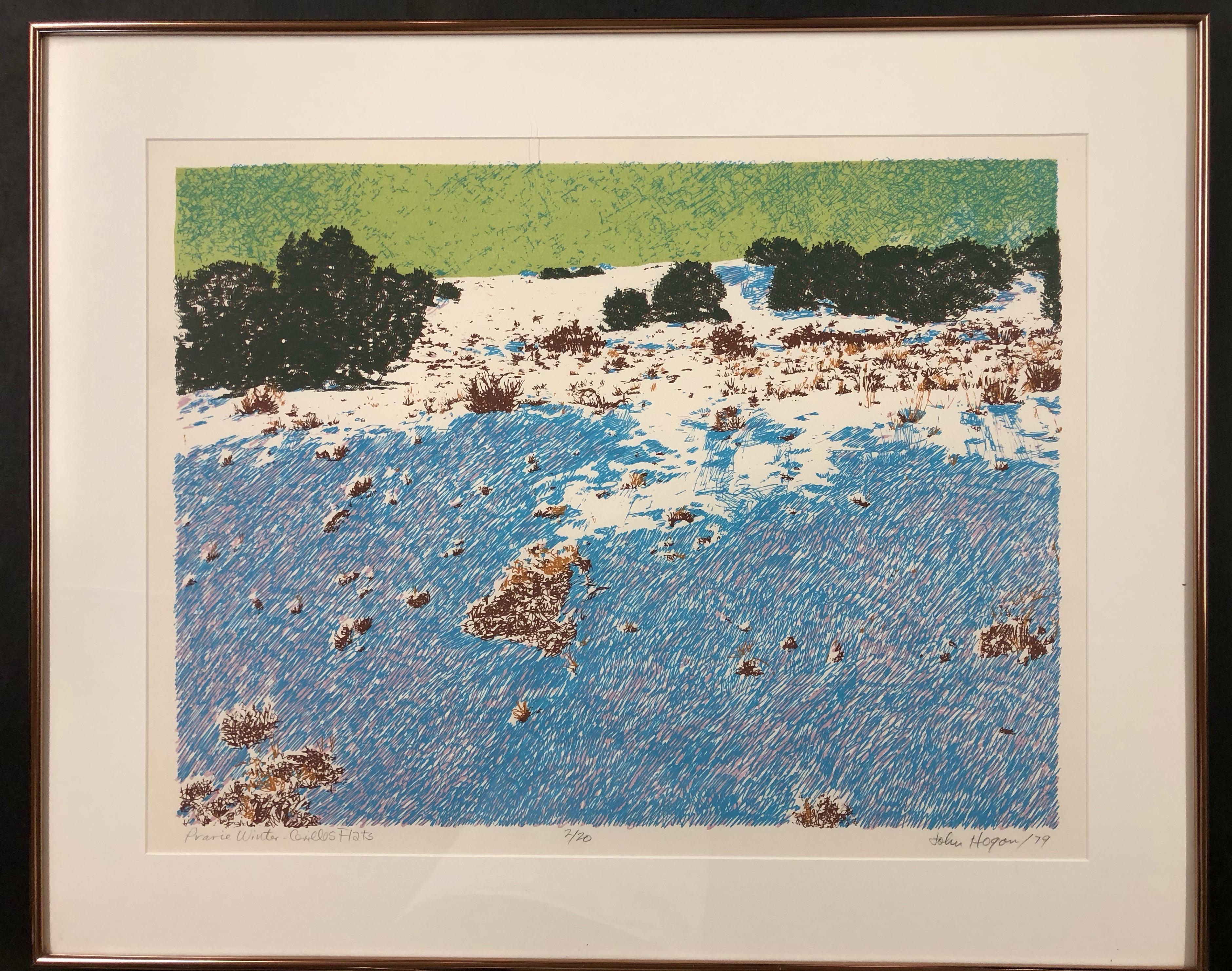 Prairie Winter – Cerrillos Flats, von John Hogan, Serigrafie, New Mexico Landschaft