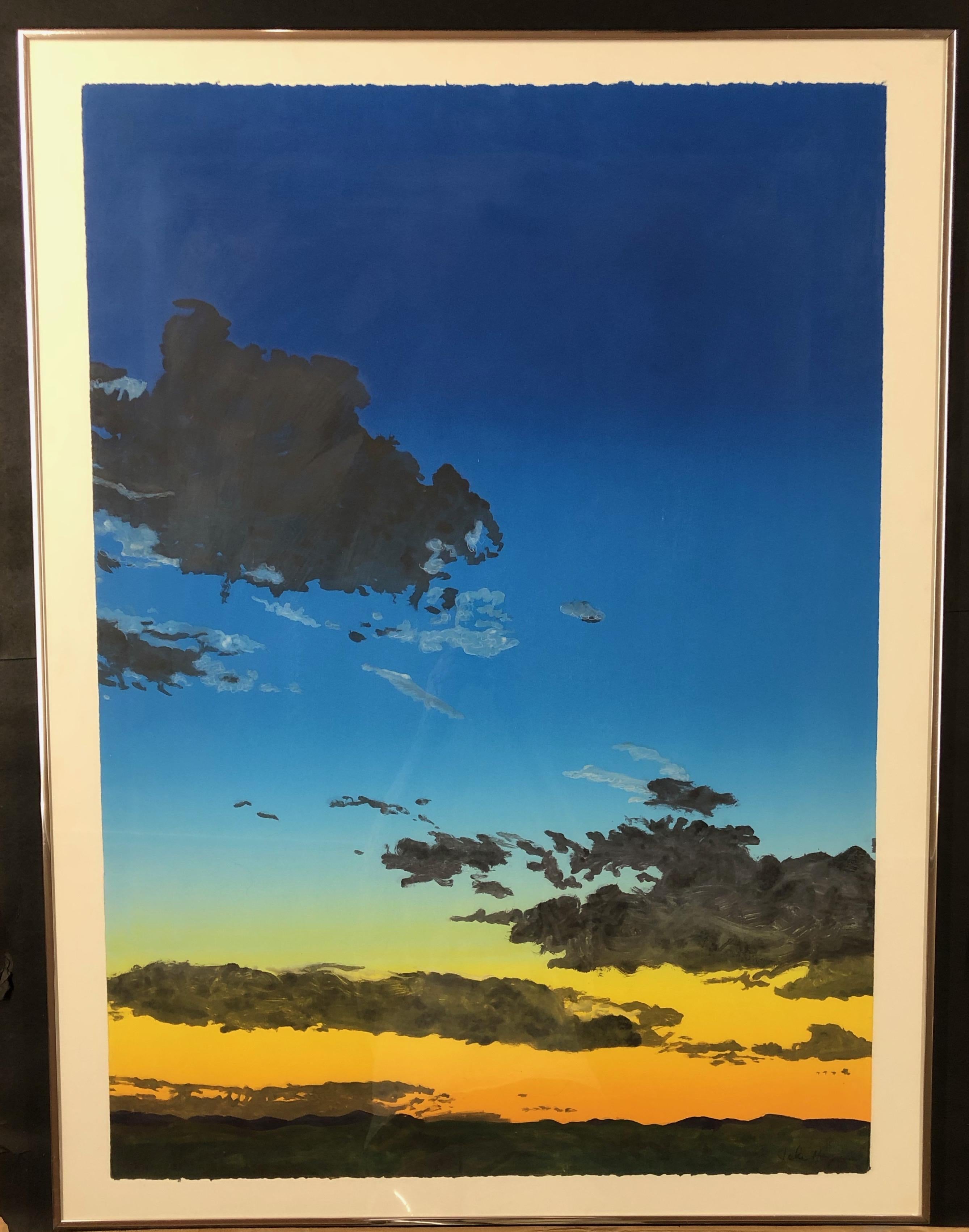 Sonnenuntergang Wolken von John Hogan gerahmte Monotypie Wüstenblau, schwarz, orange  im Angebot 1
