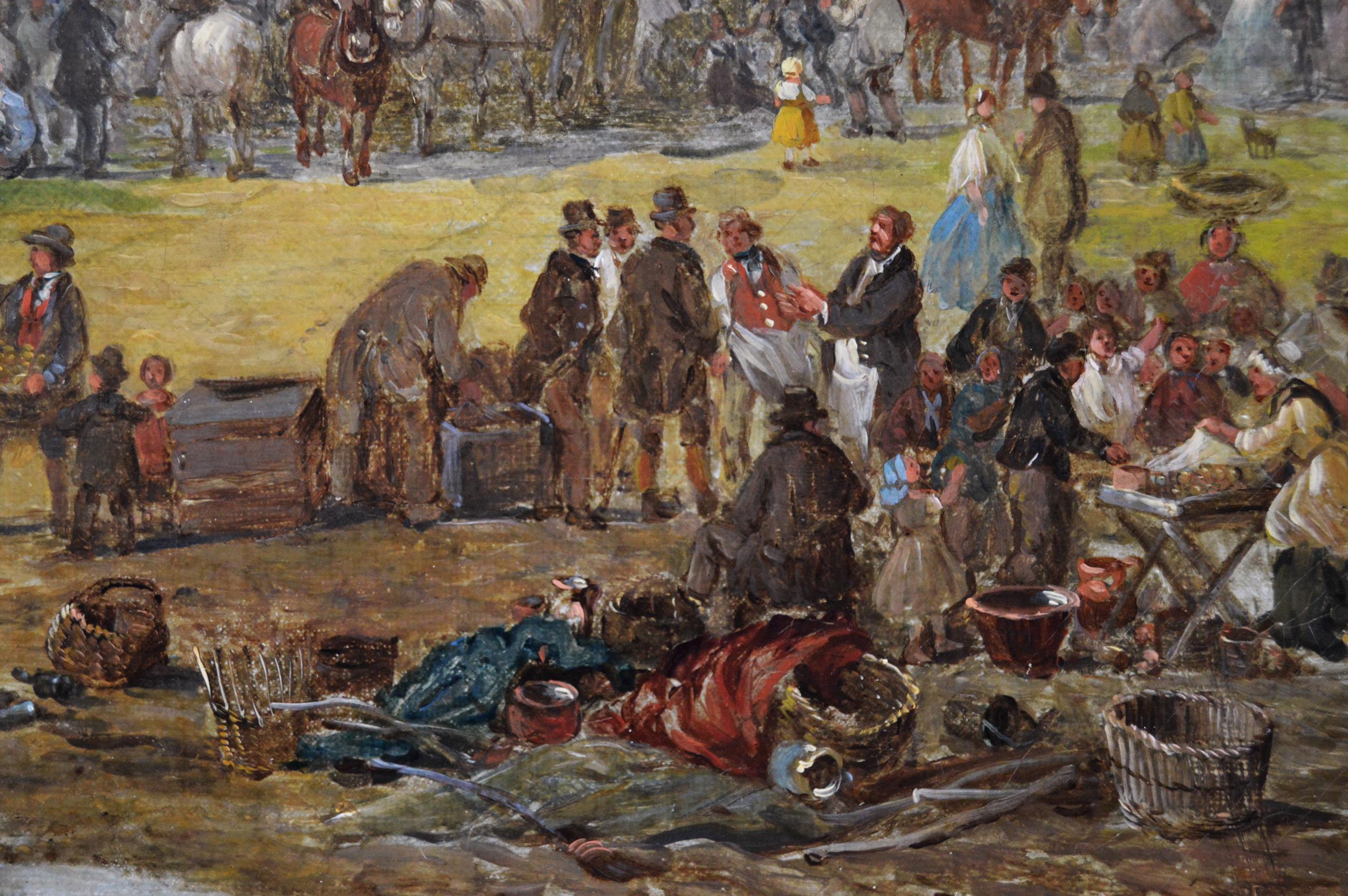 19th century landscape oil painting of a village fair - Victorian Painting by John Holland Senior