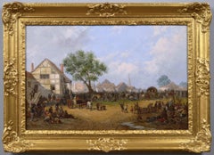 Antique 19th century landscape oil painting of a village fair