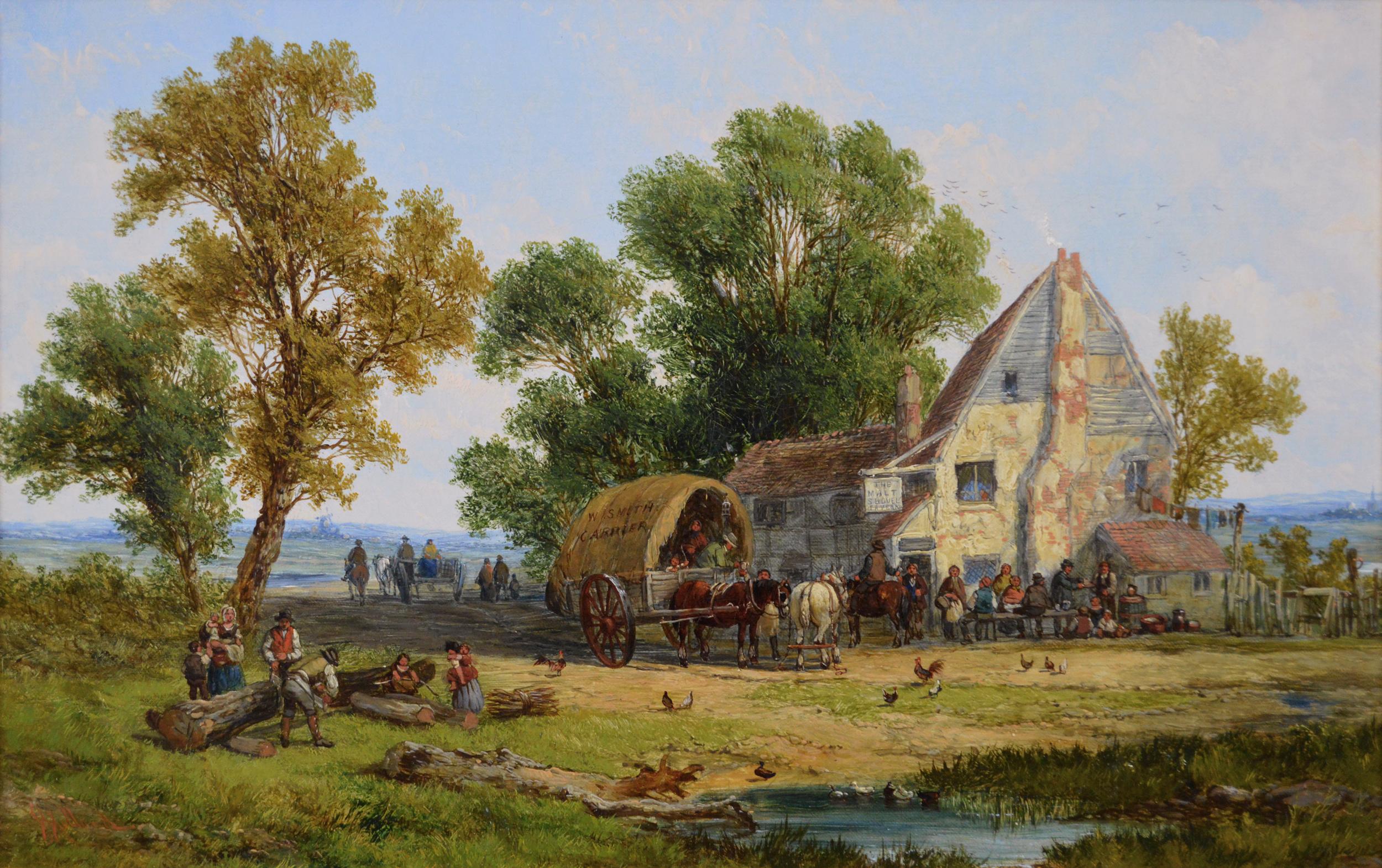 19th century landscape oil painting of a village tavern - Painting by John Holland Senior