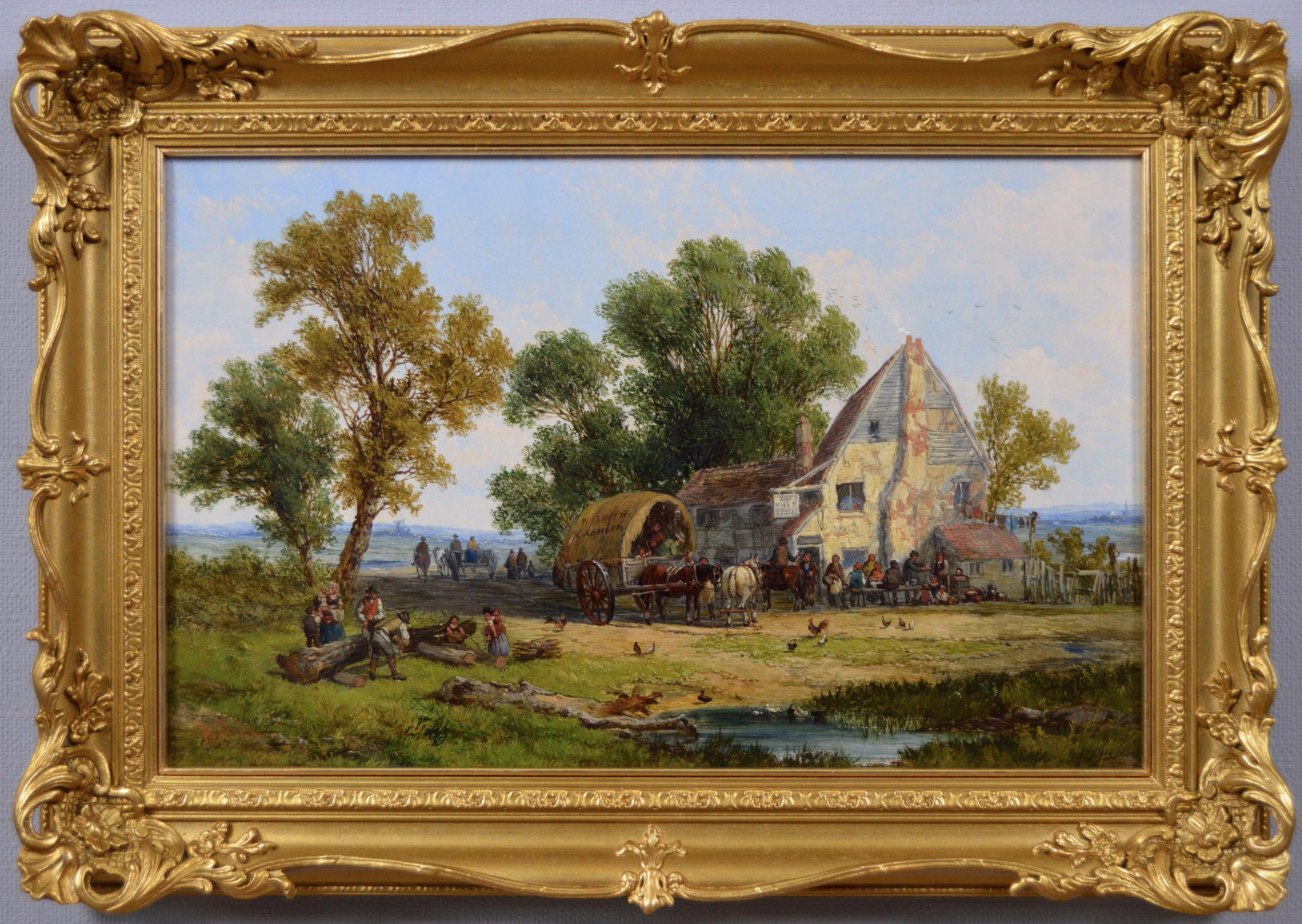 19th century landscape oil painting of a village tavern