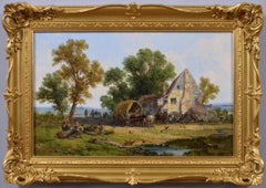 Antique 19th century landscape oil painting of a village tavern