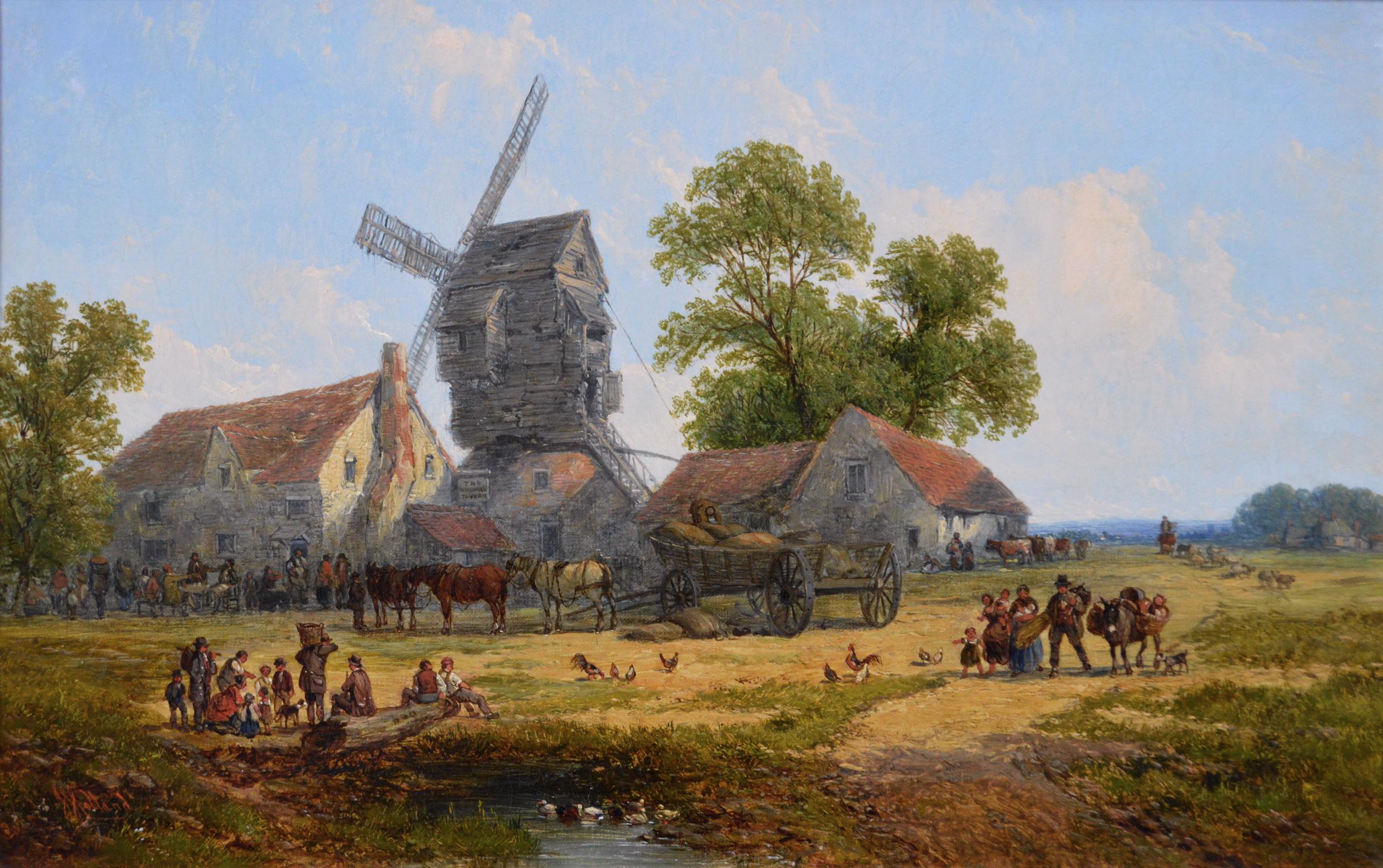 19th century landscape oil painting of a village tavern with a windmill - Painting by John Holland Senior