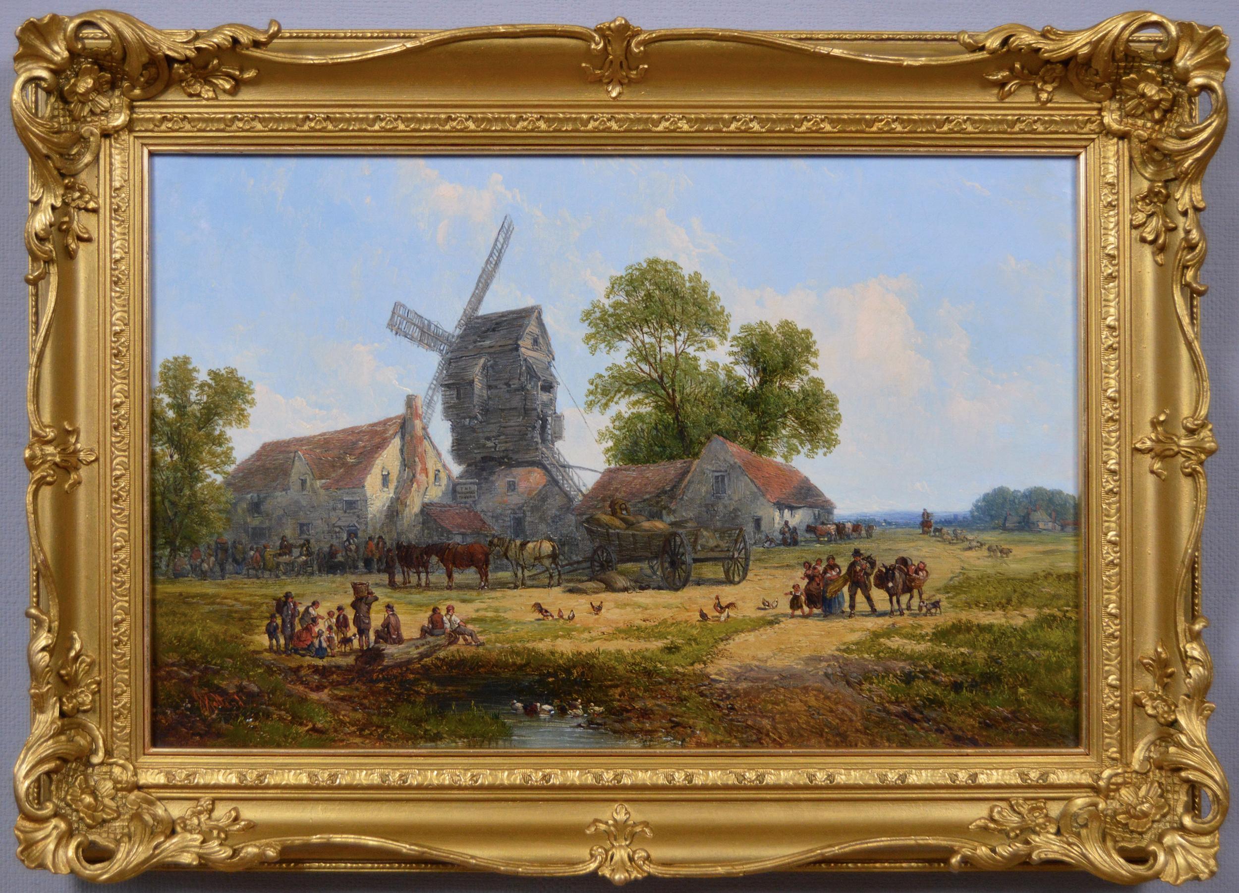 19th century landscape oil painting of a village tavern with a windmill