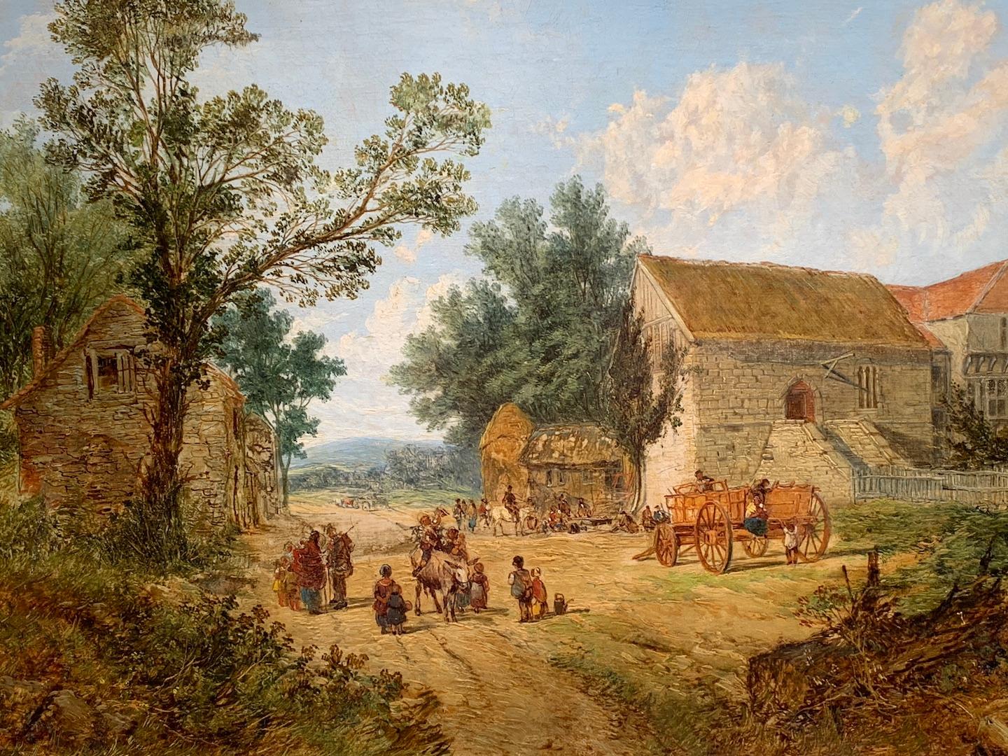  Huile ancienne d'un paysage de village anglais, avec des chevaux, des personnes et un pub. - Painting de John Holland Senior