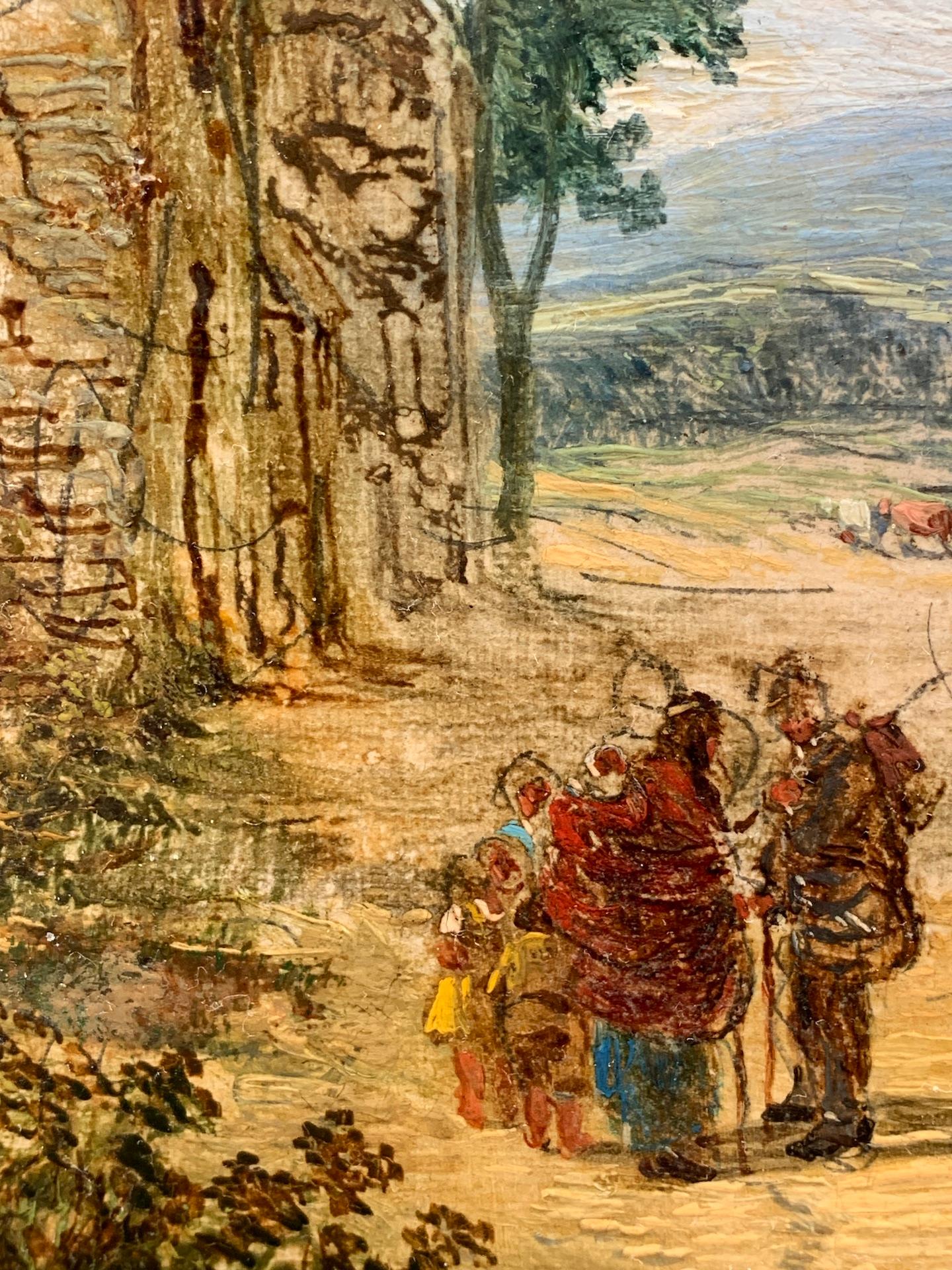  Antikes Ölgemälde einer englischen Dorflandschaft, mit Pferden, Menschen, einem pub. im Angebot 4