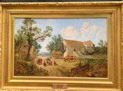  Antique Oil of an English Village landscape, with horses, people, a pub.