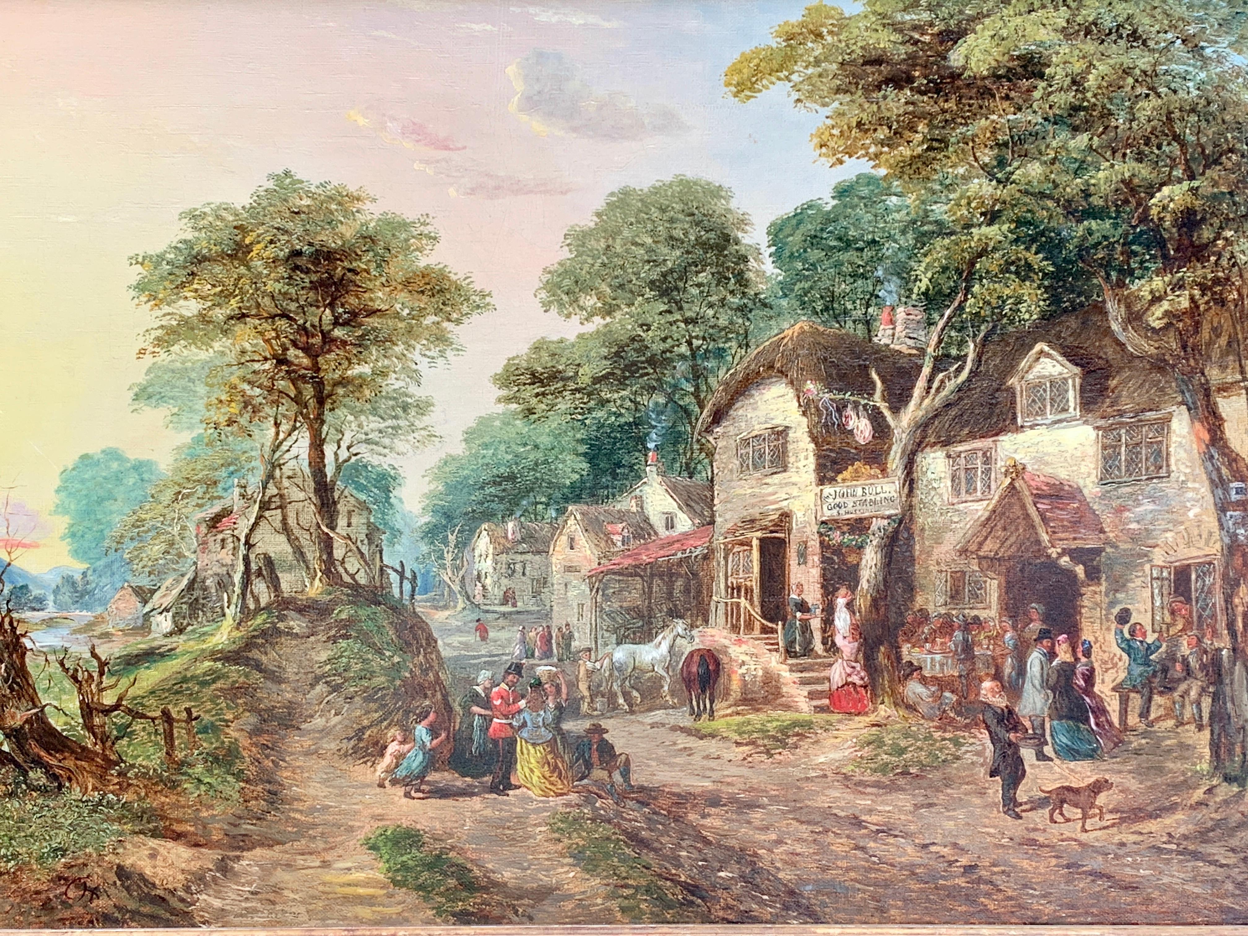  Antique Oil of an English Village landscape, with horses, people, a pub. - Painting by John Holland Senior