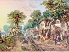 Antique Oil of an English Village landscape, with horses, people, a pub.