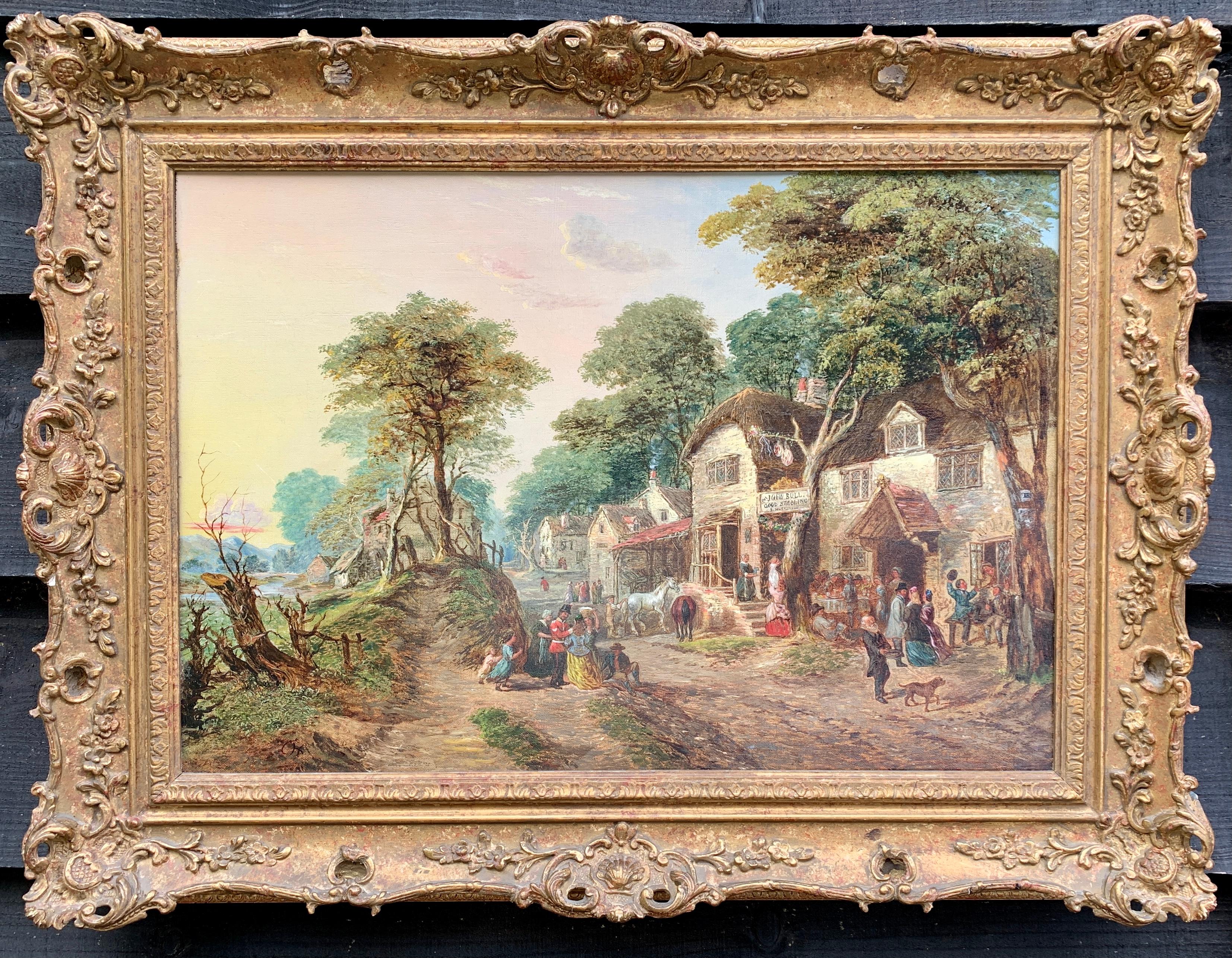  Antique Oil of an English Village landscape, with horses, people, a pub.