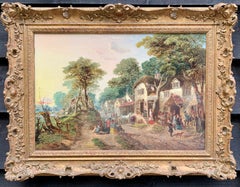 Antique Oil of an English Village landscape, with horses, people, a pub.