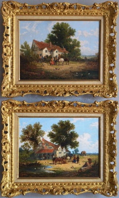 Paire de peintures à l'huile d'un paysage du XIXe siècle représentant un village