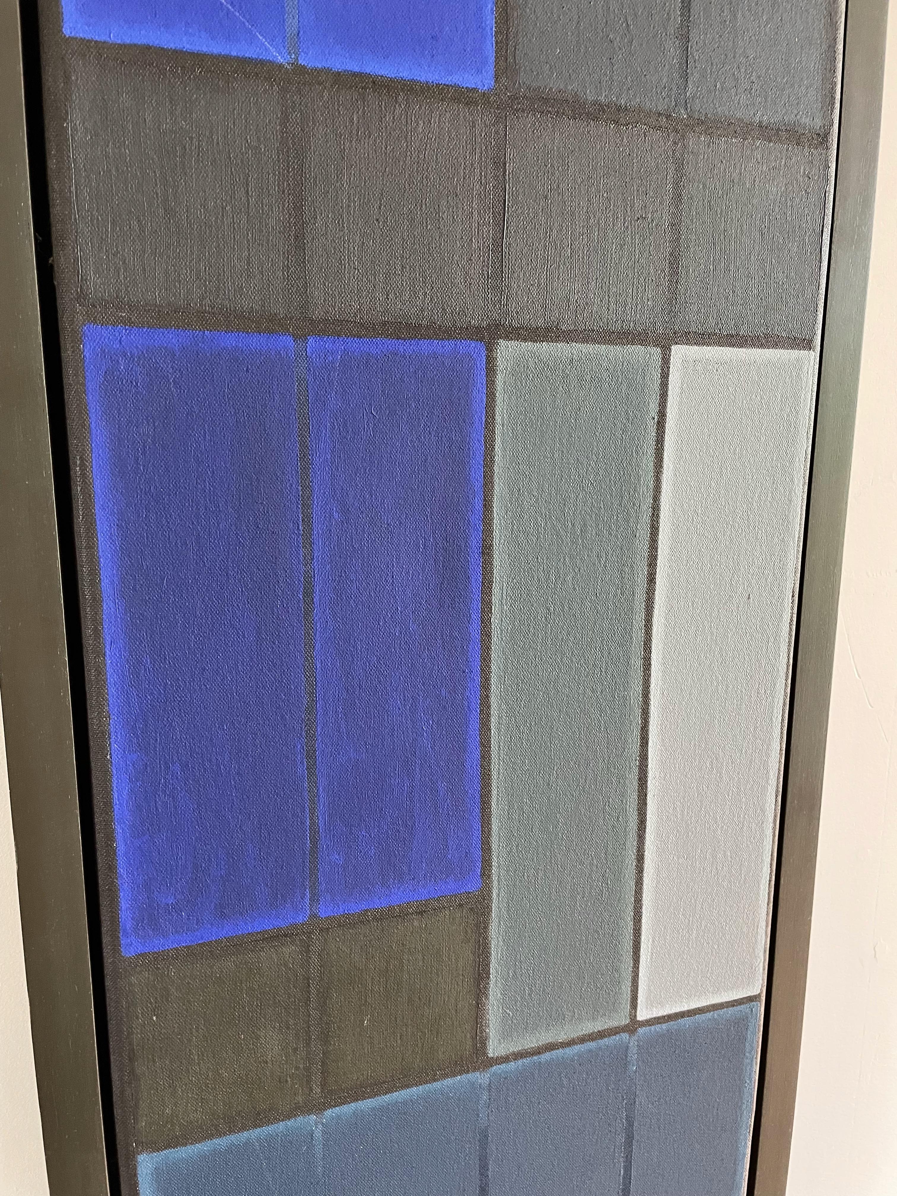 Ohne Titel Blaue abstrakte Nummer 2.  Geometrisches Ölgemälde (Grau), Abstract Painting, von John Hopwood