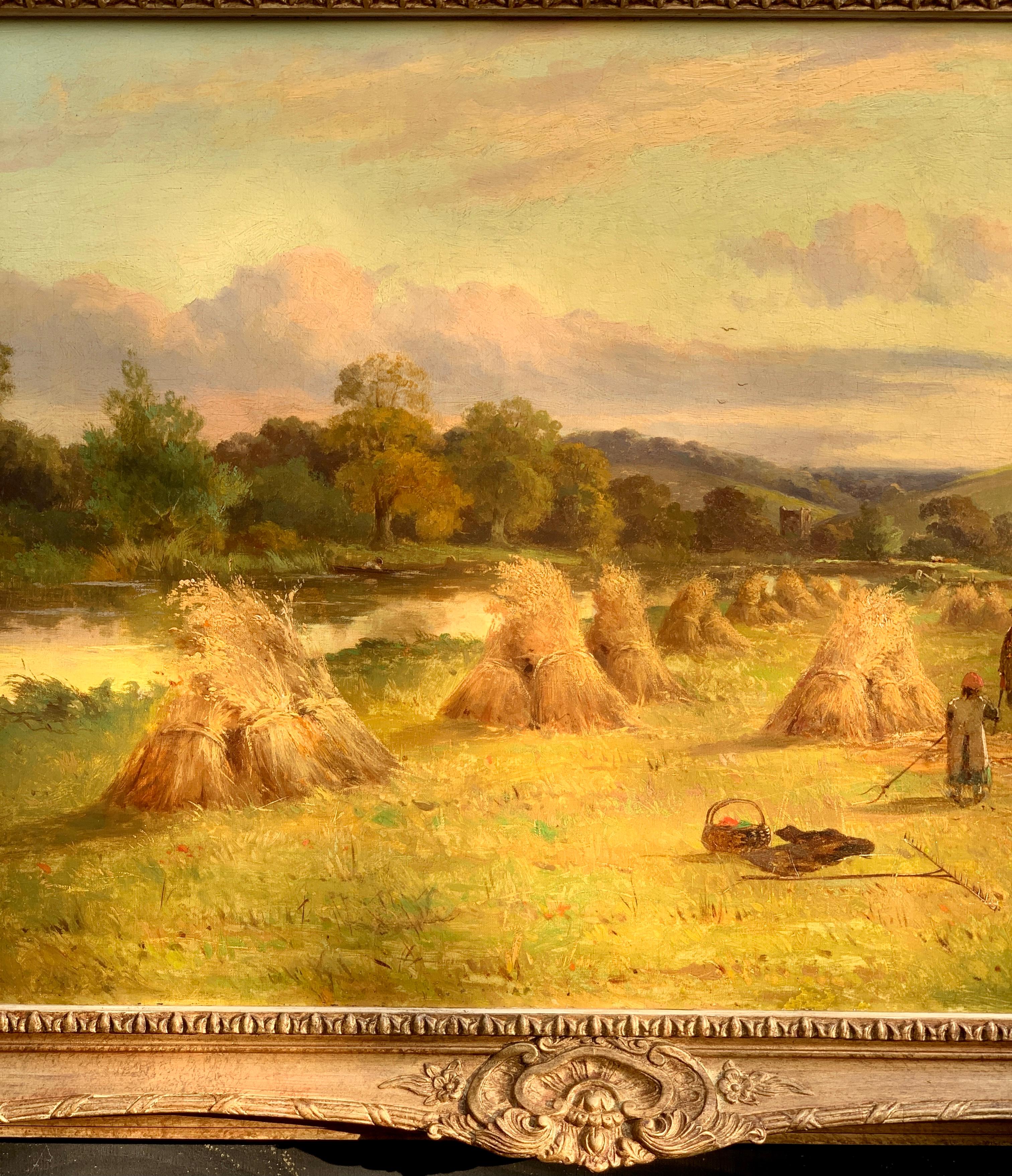 Antique English Victorian Harvest time river landscape, with figures and dog - Painting by John Horace Hooper