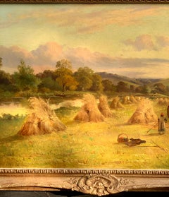 Paysage de rivière victorien anglais ancien de l'époque de la moisson, avec personnages et chien