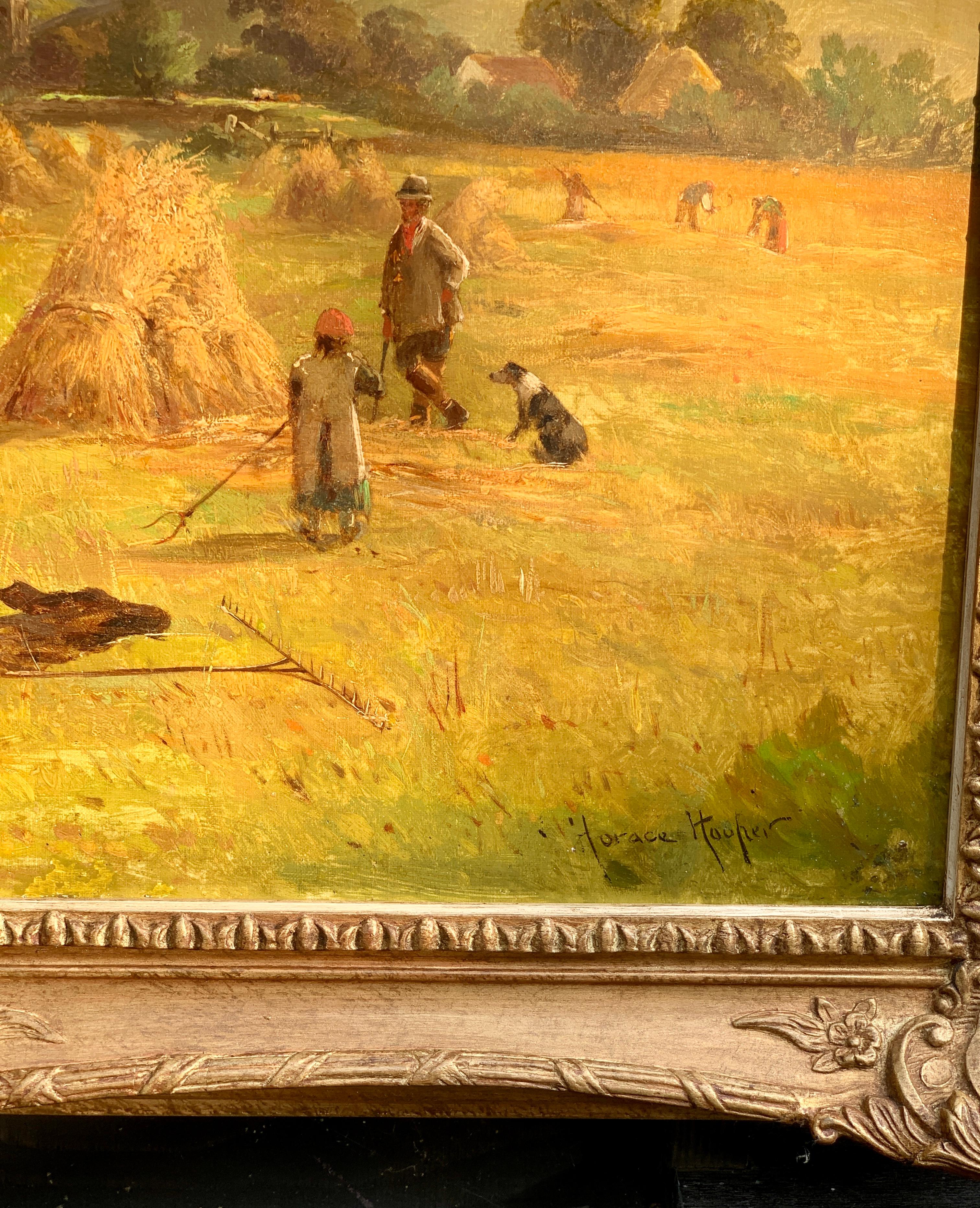 Paysage de rivière victorien anglais ancien de l'époque de la moisson, avec personnages et chien - Victorien Painting par John Horace Hooper