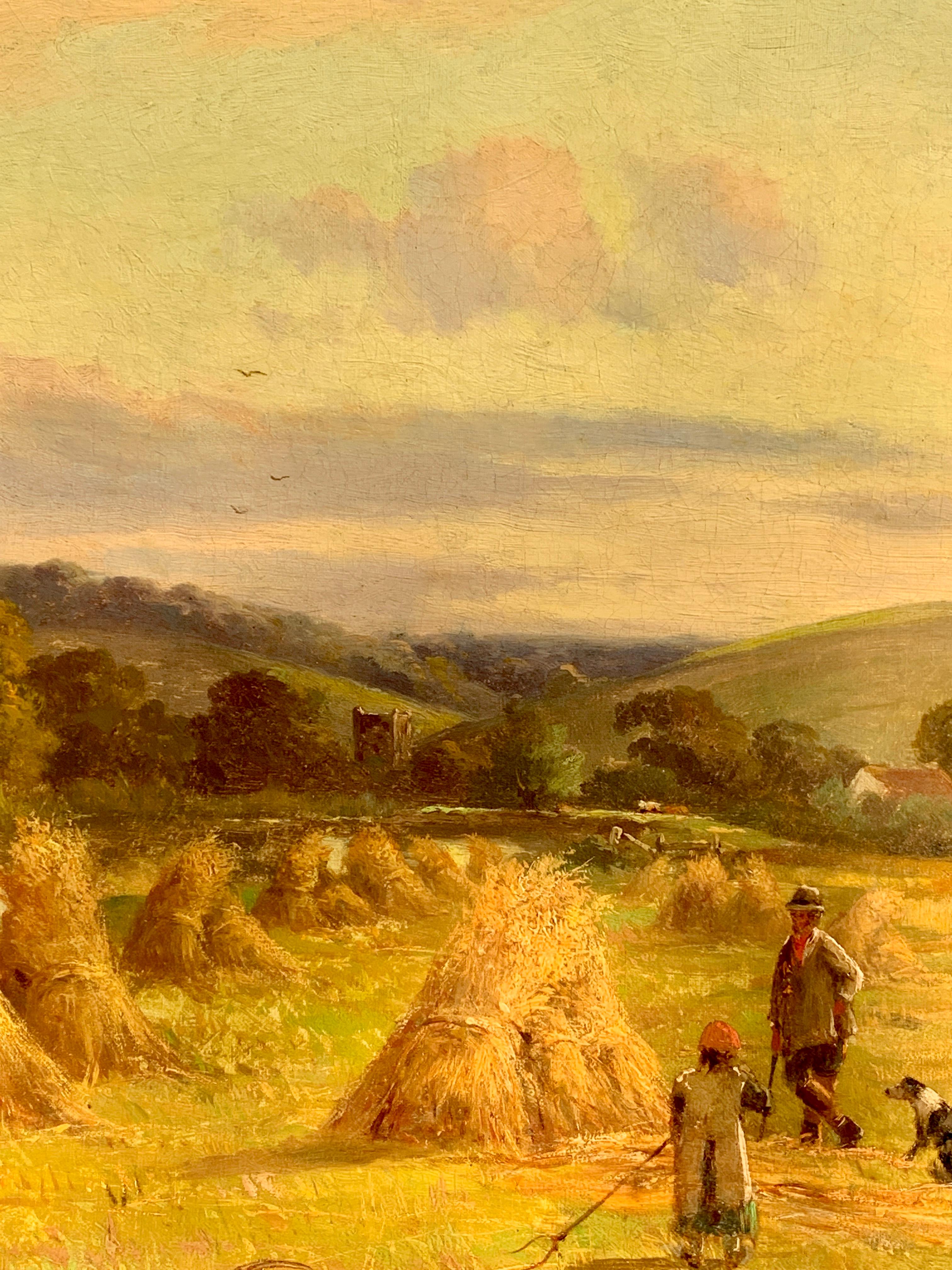 Antique English Victorian Harvest time river landscape, with figures and dog - Orange Figurative Painting by John Horace Hooper
