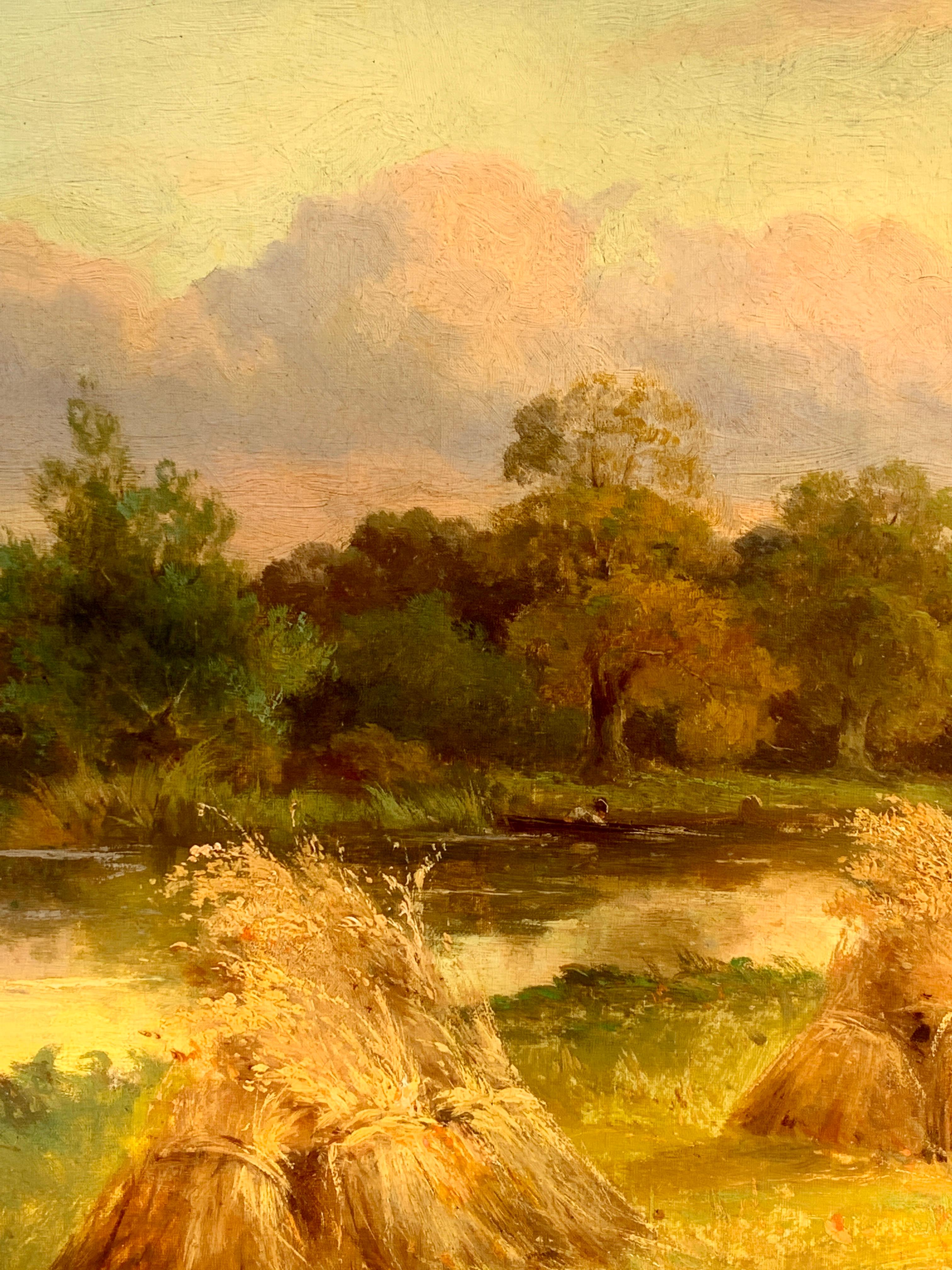 Outstanding Late Victorian English river harvest landscape. 

John Horace Hooper lived in London. Landscape painter. English School. A prolific artist evidenced by the frequent appearance of his work in the salerooms. He painted in a broad realistic