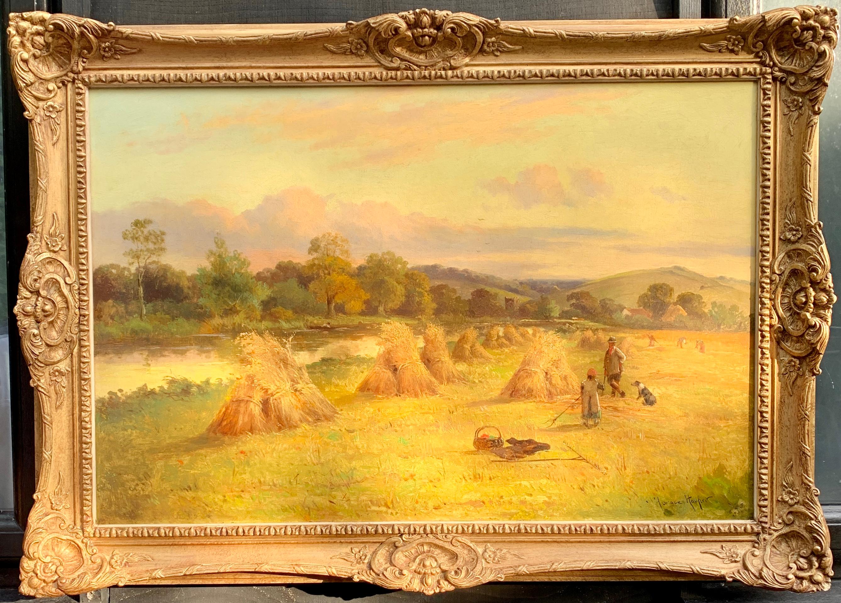 John Horace Hooper Figurative Painting - Antique English Victorian Harvest time river landscape, with figures and dog