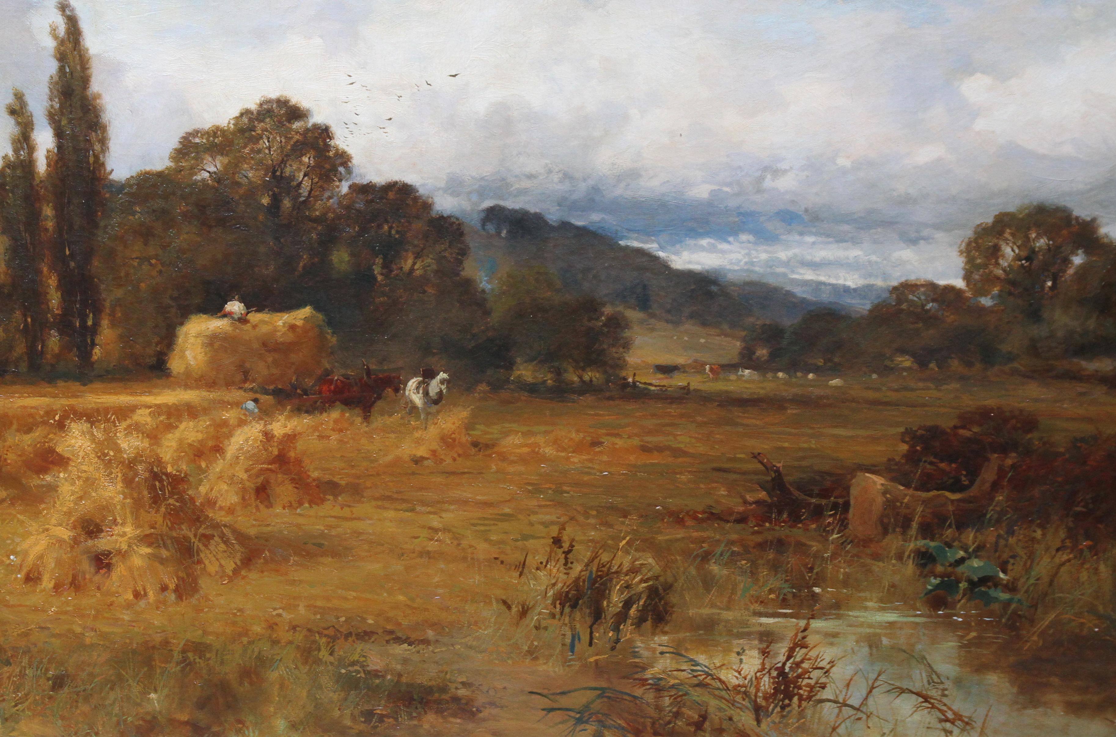 This lovely Victorian landscape oil painting on canvas is by noted exhibited British artist John Horace Hooper. Hooper was particularly known for his landscapes and was fond of the subject of harvests. This lovely painting, painted around 1880, is