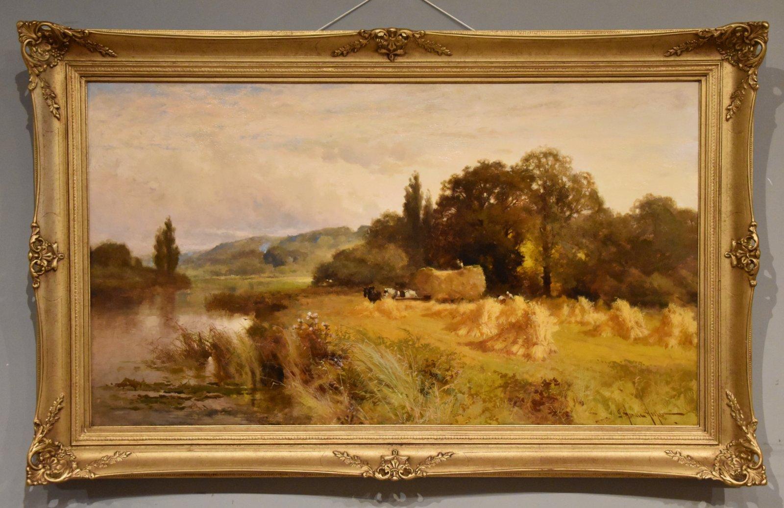 Oil Painting by John Horace Hooper "Harvest Time Near Henley" 1851 - 1906 London Painter of atmospheric landscapes of rural England. Exhibited at he Royal Academy, Liverpool and Royal Hibernian Academy Dublin. Oil on canvas. Signed 

Dimensions