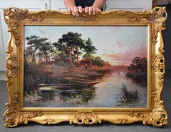 Sonning on Thames - Peinture à l'huile du 19ème siècle - paysage de rivière Sunset