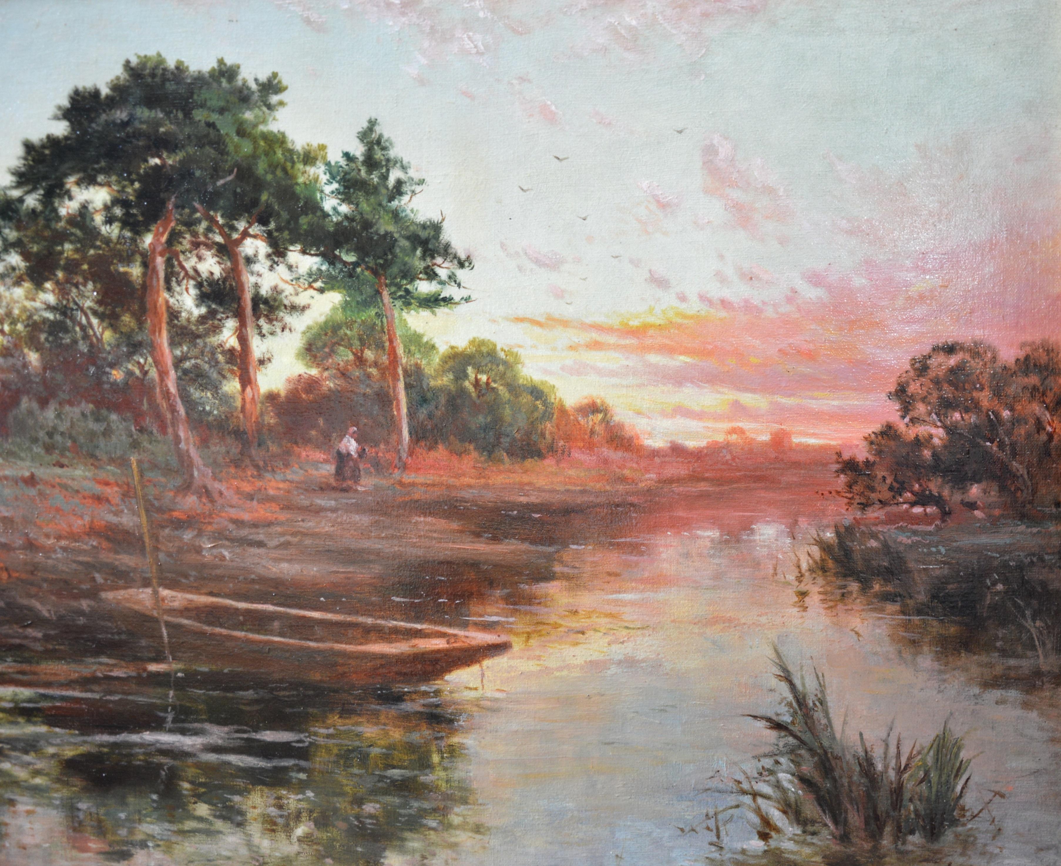 Sonning on Thames - 19th Century Sunset River Landscape Oil Painting  - Brown Landscape Painting by John Horace Hooper