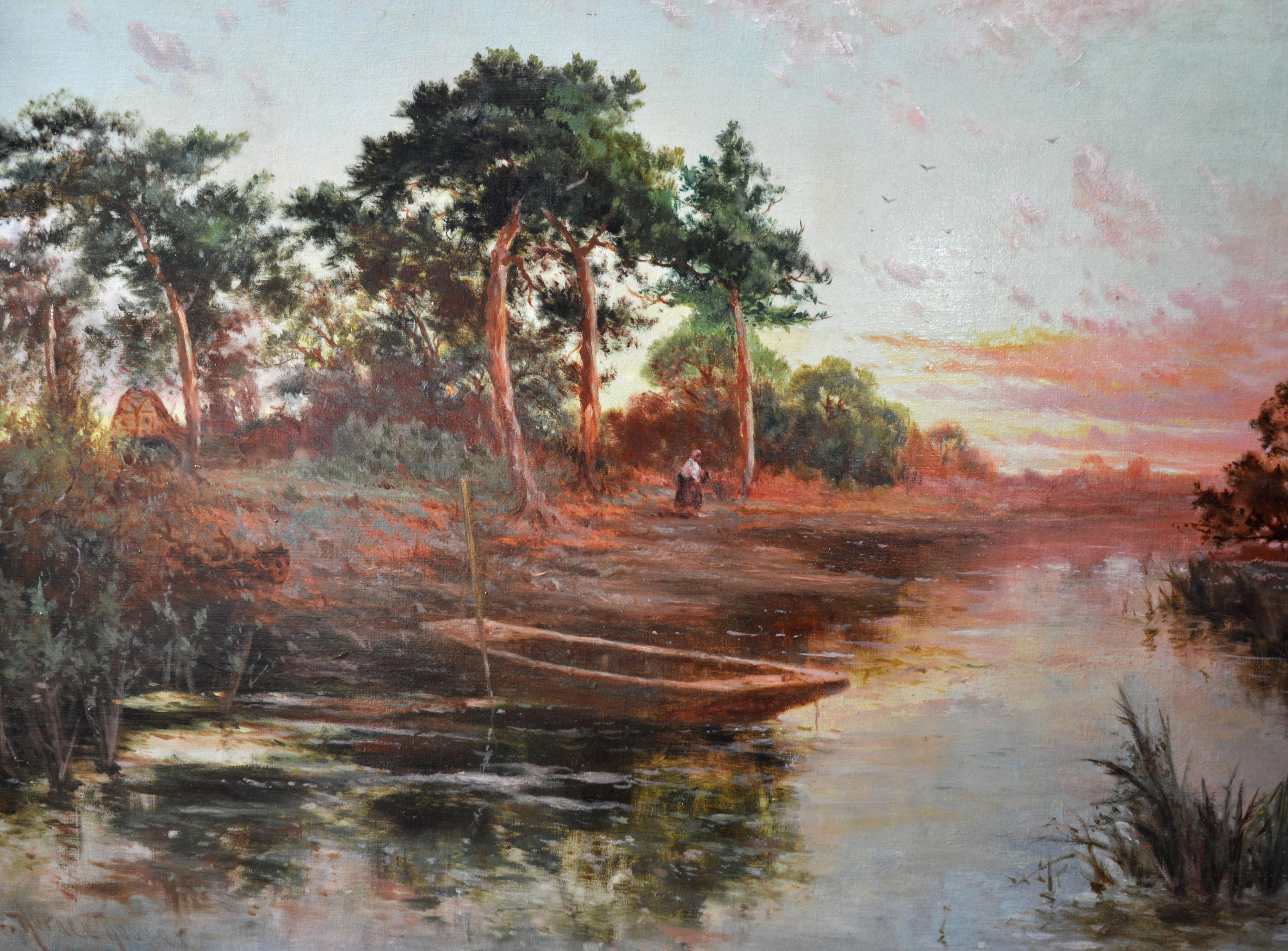 ‘Near Sonning on Thames’ by John Horace Hooper RBA (1853-1906). 

A large 19th century oil on canvas depicting a single figure on the shoreline of the River Thames at sunset. The painting is signed by the artist and hangs in a superb quality newly