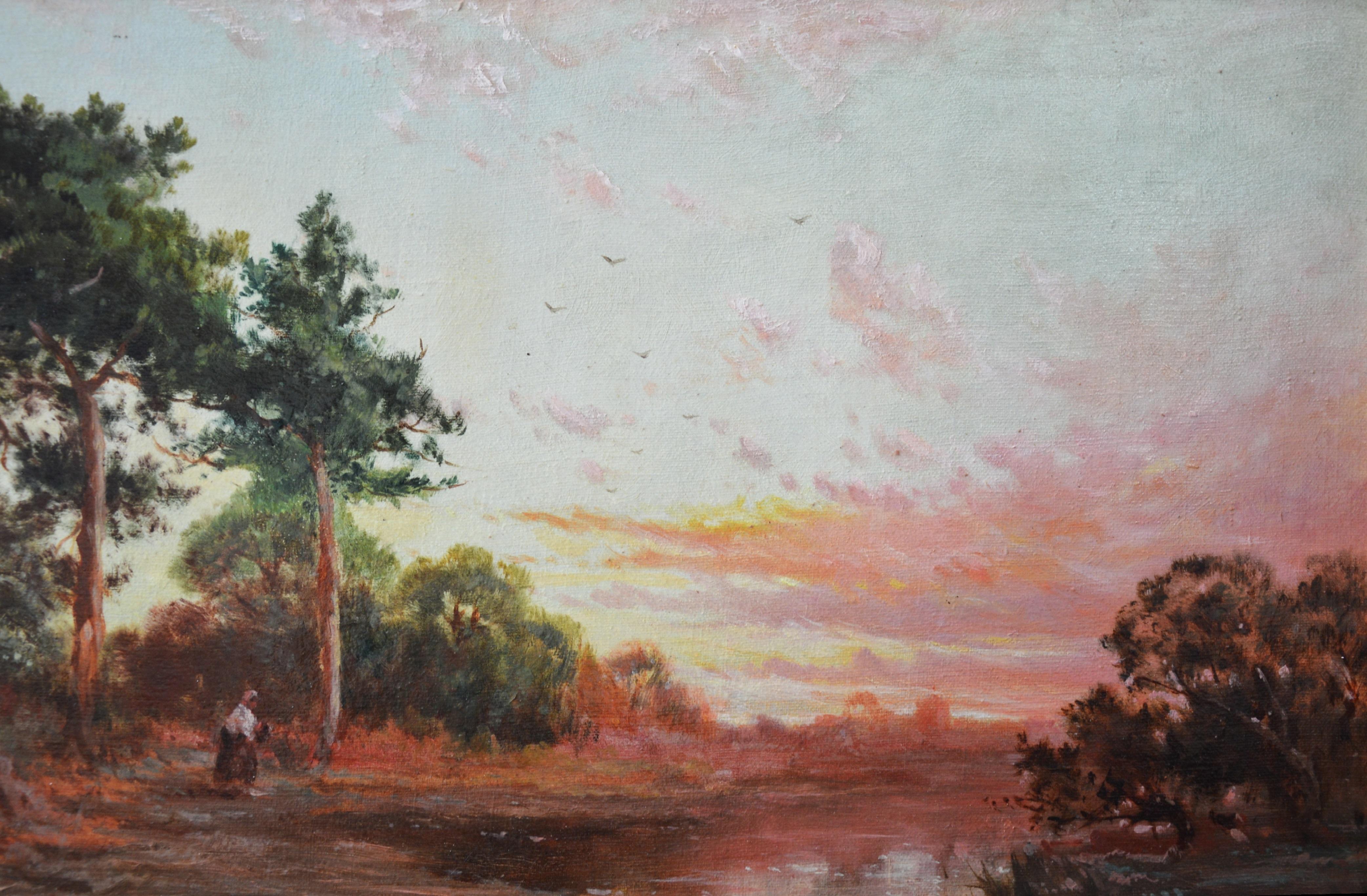 Sonning on Thames - 19th Century Sunset River Landscape Oil Painting  1
