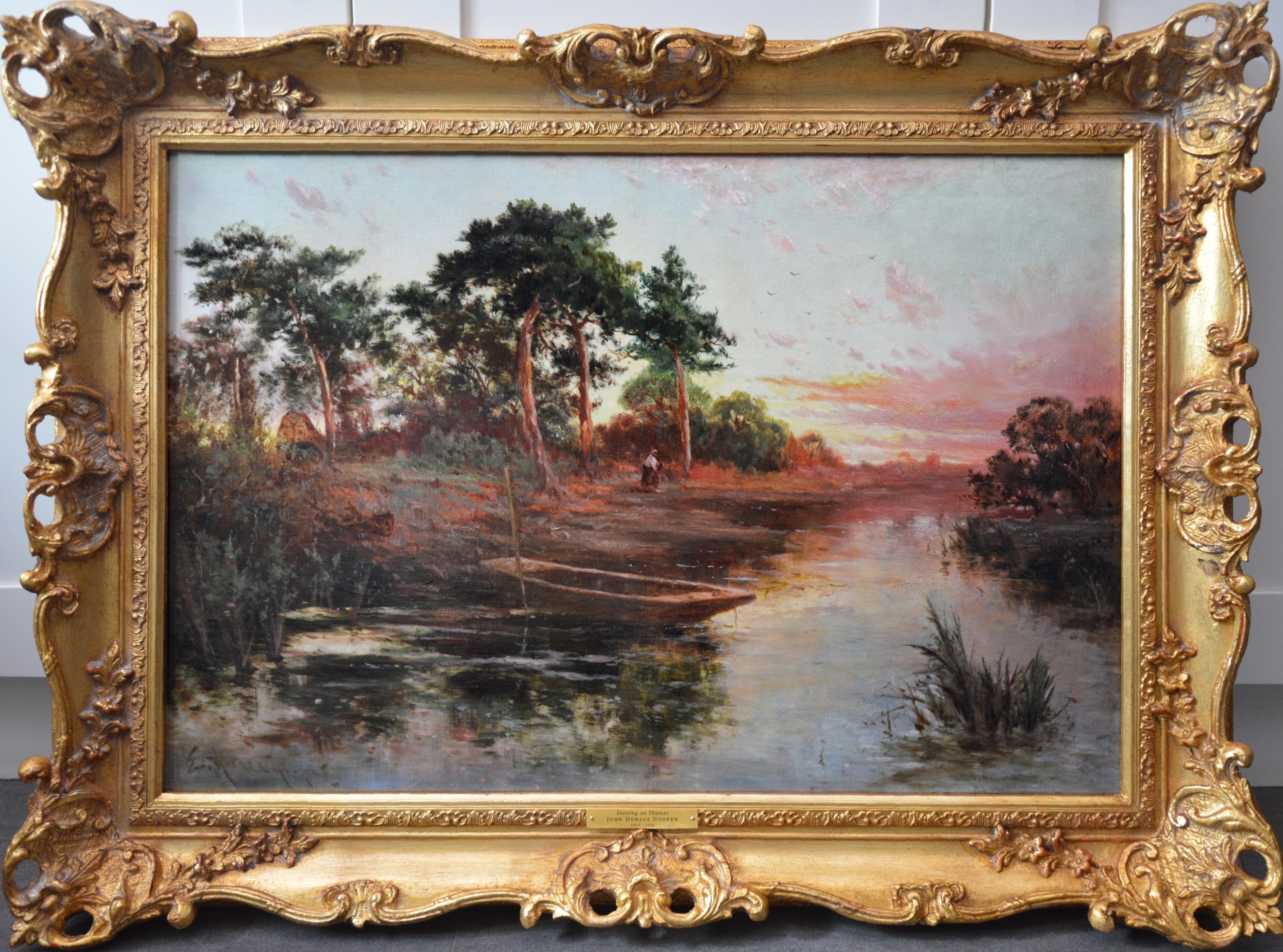 John Horace Hooper Landscape Painting - Sonning on Thames - 19th Century Sunset River Landscape Oil Painting 