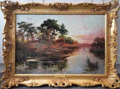 Sonning on Thames - 19th Century Sunset River Landscape Oil Painting 