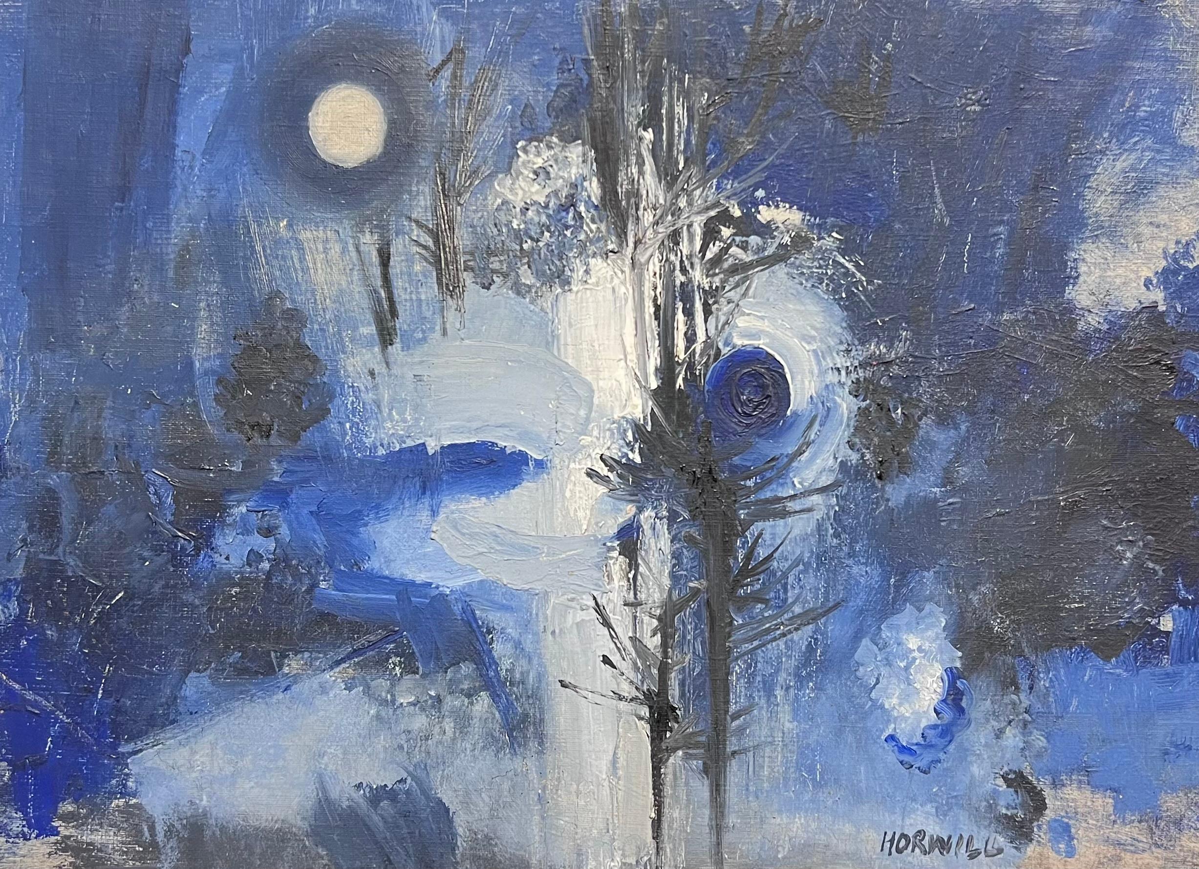 Paesaggio forestale blu notte Pittura ad olio astratta britannica del XX secolo - Painting di  John Horwill (British, 1927-1997)