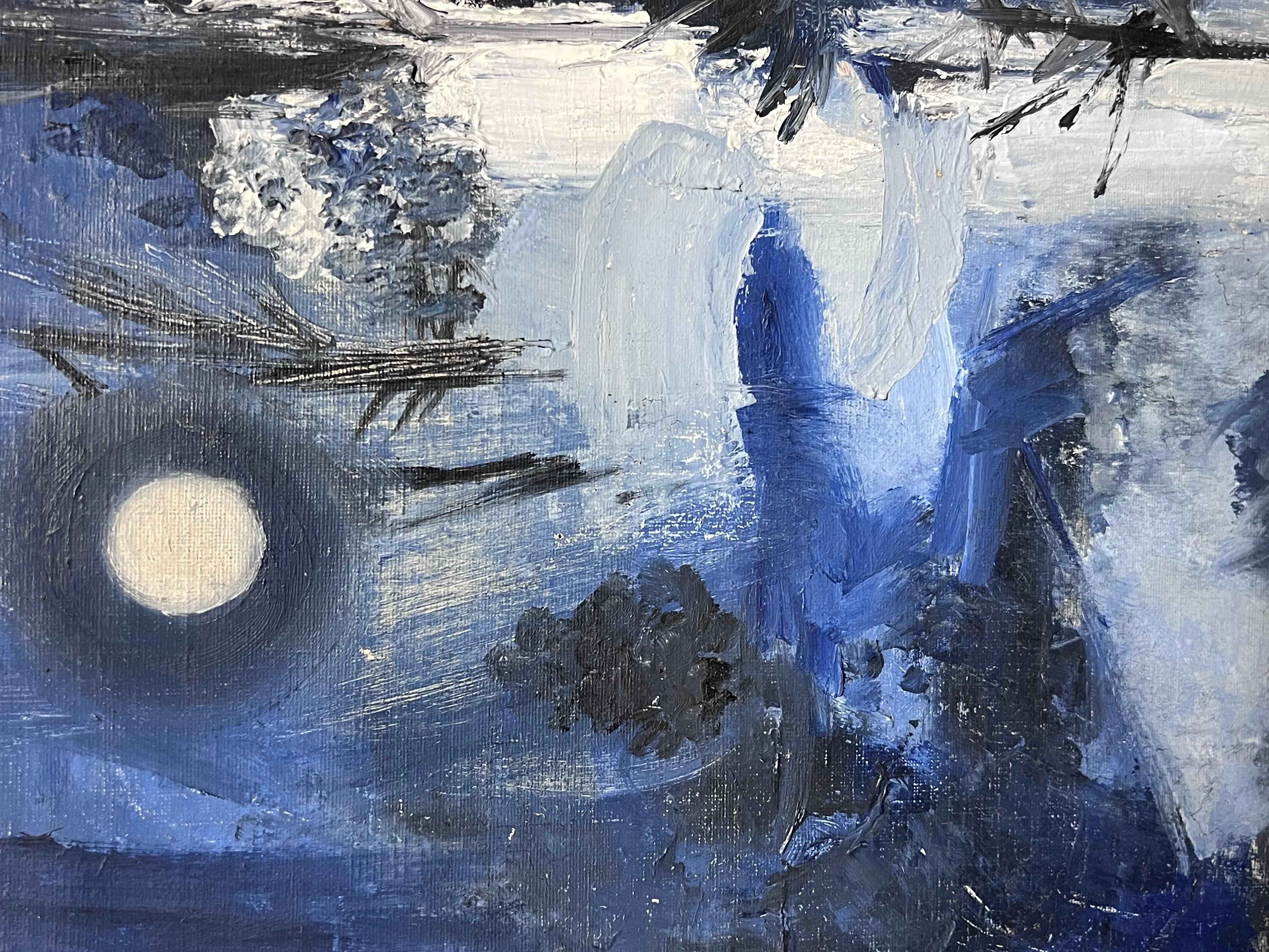 Paesaggio forestale blu notte Pittura ad olio astratta britannica del XX secolo - Painting Astratto di  John Horwill (British, 1927-1997)