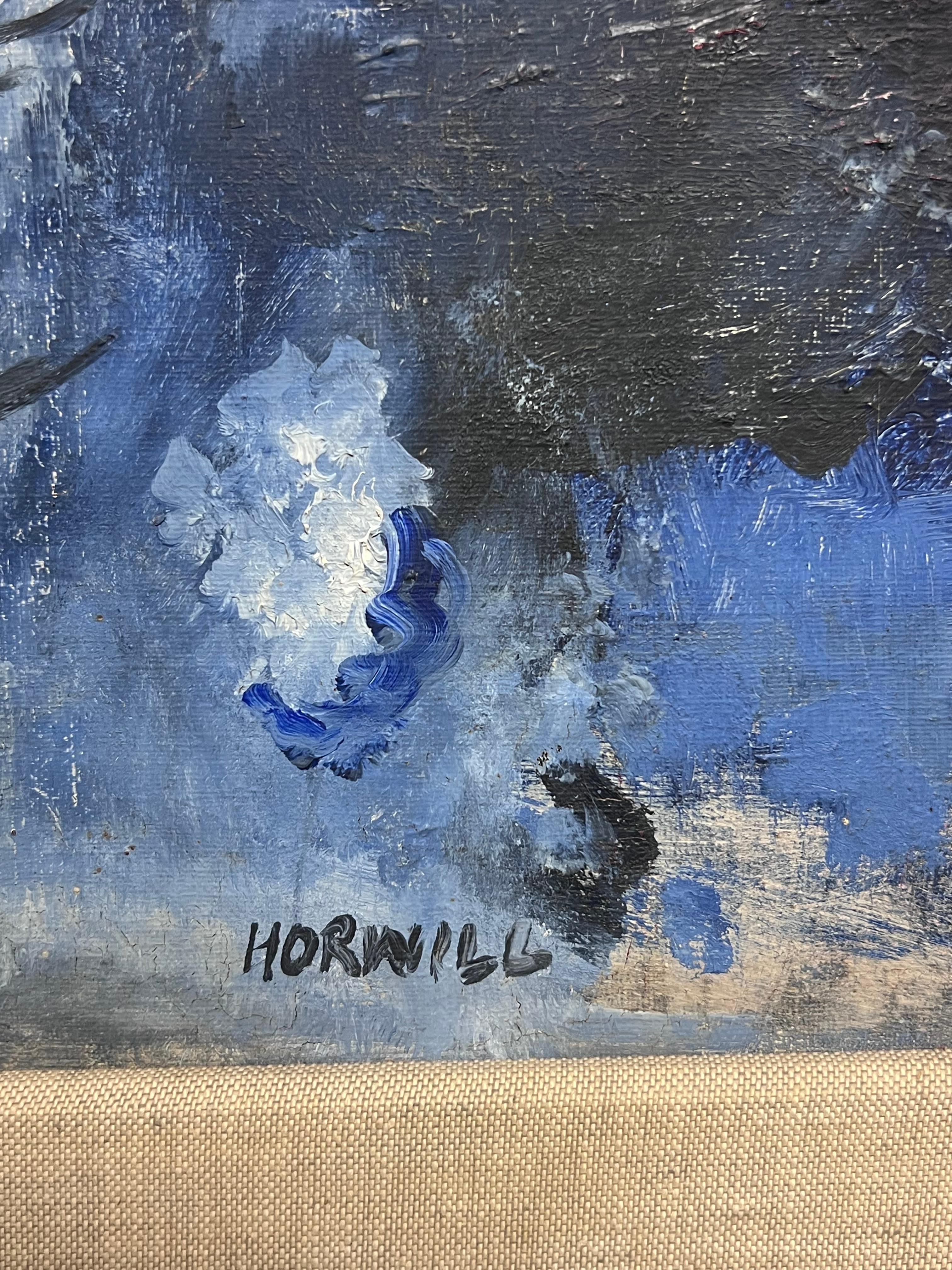 Paesaggio forestale blu notte Pittura ad olio astratta britannica del XX secolo in vendita 1