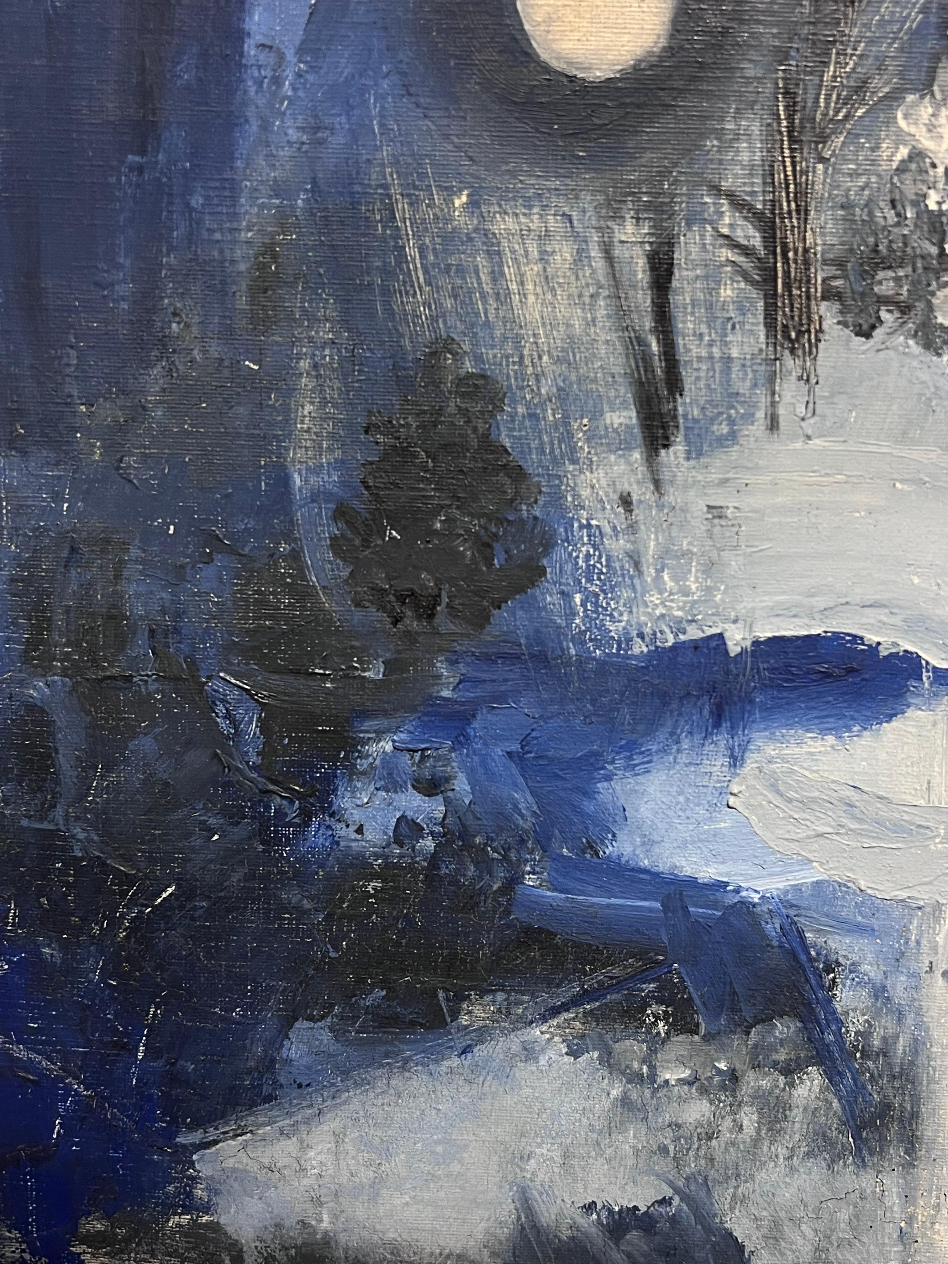 Paesaggio forestale blu notte Pittura ad olio astratta britannica del XX secolo in vendita 2