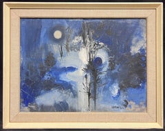Midnight Blue Forest Landscape 20th Century British Abstract Oil Painting