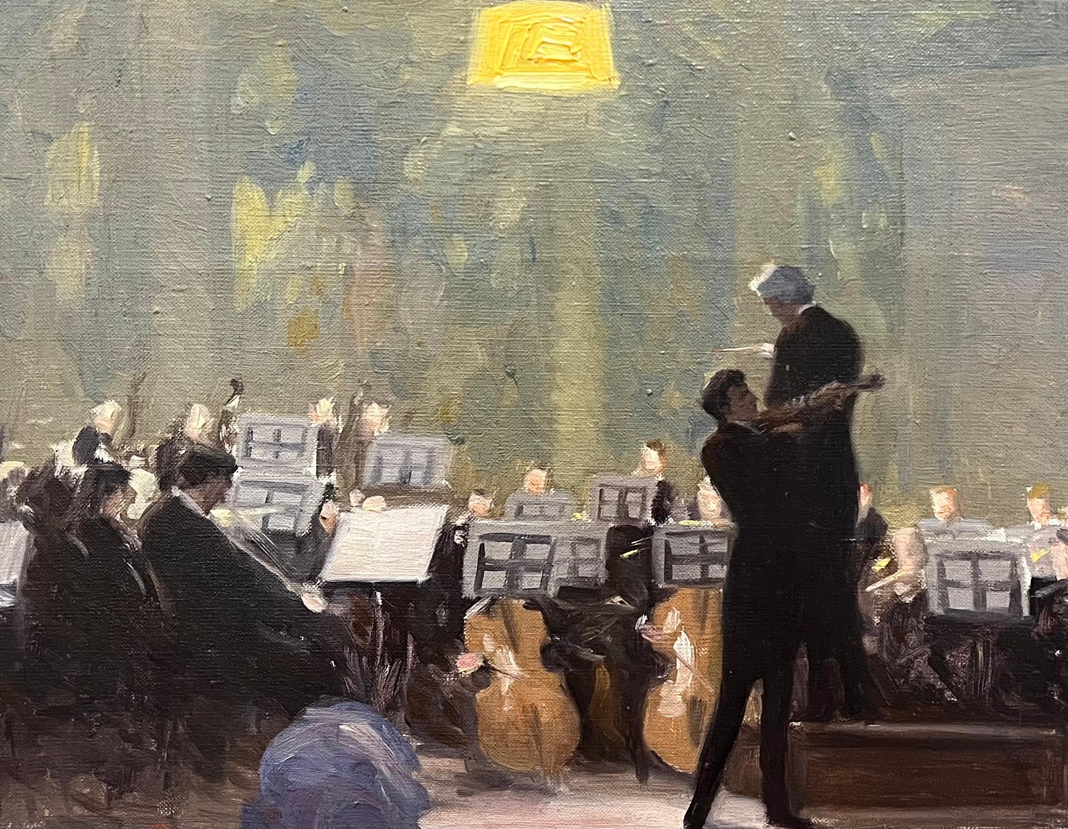 ASHCAN Escuela Impresionista Antigua NYC Orquesta SYMPHONY Violín Pintura - Figurative Painting Marrón de John Howitt