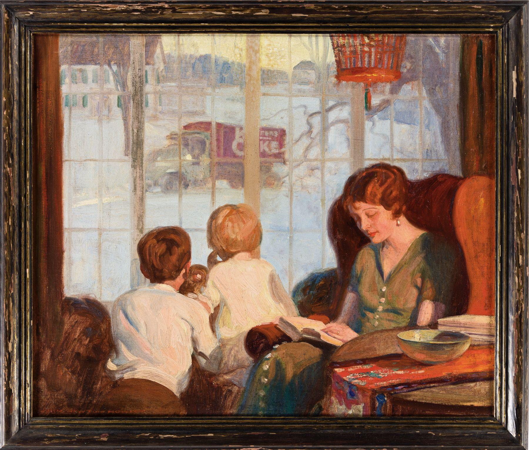 Mother and Children on a Snowy Day - Painting by John Howitt