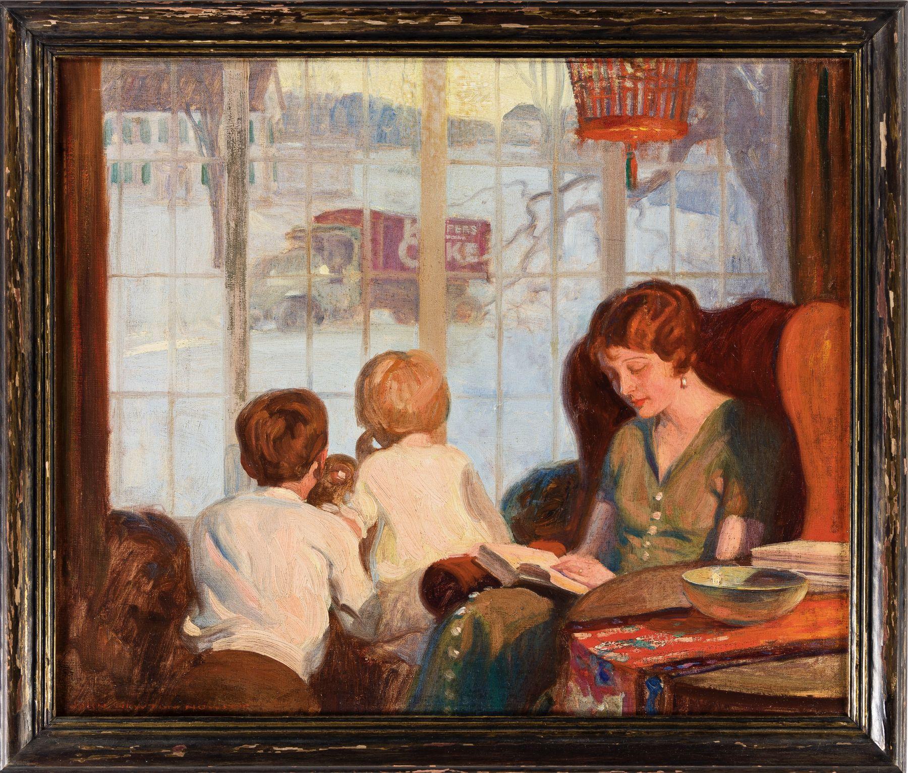 Madre e figli in una giornata di neve - Painting di John Howitt