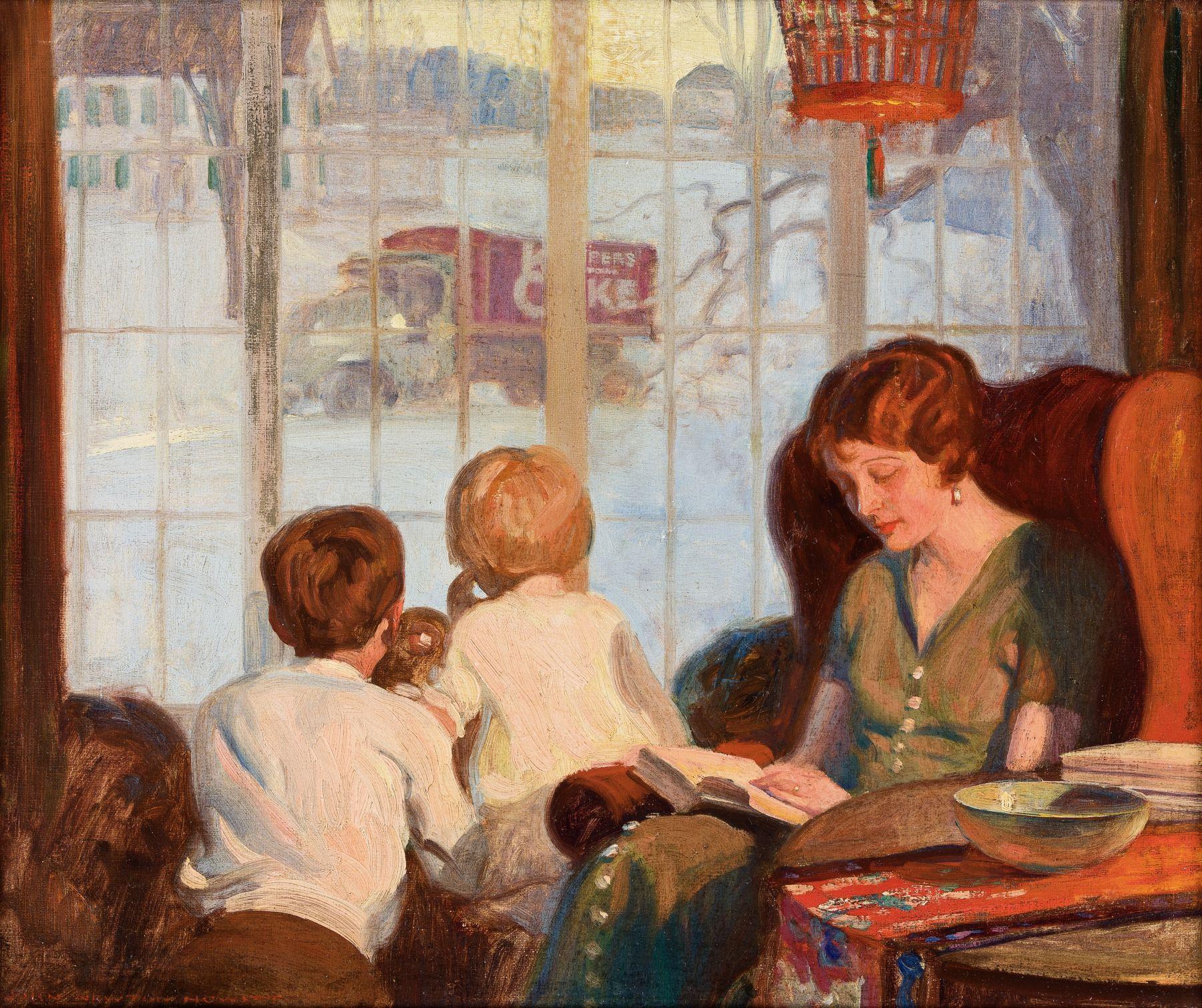John Howitt Figurative Painting - Mother and Children on a Snowy Day