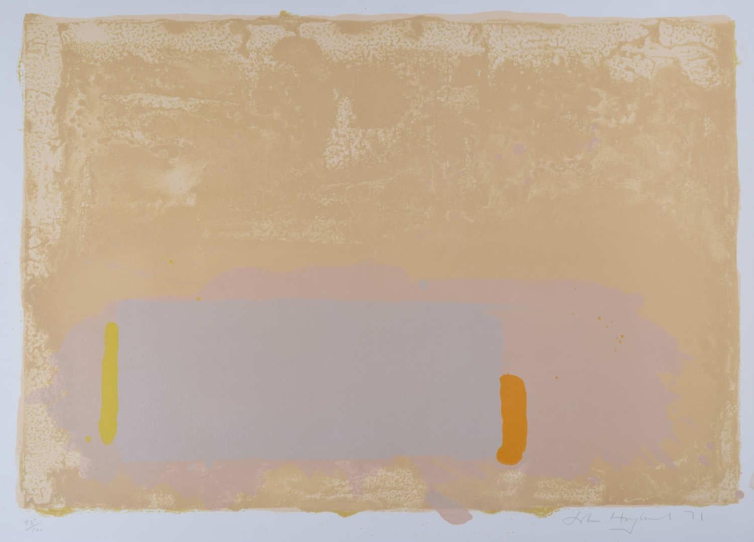John Hoyland (1934-2011)
Marrone, Beige, Rosa
Stampa serigrafica
52 x 70 cm 
Firmato e datato in basso a destra, numerato 95/100

'Brown, Beige, Pink' è una composizione intrigante, caratterizzata da una massa astratta di toni delicati. L'opera