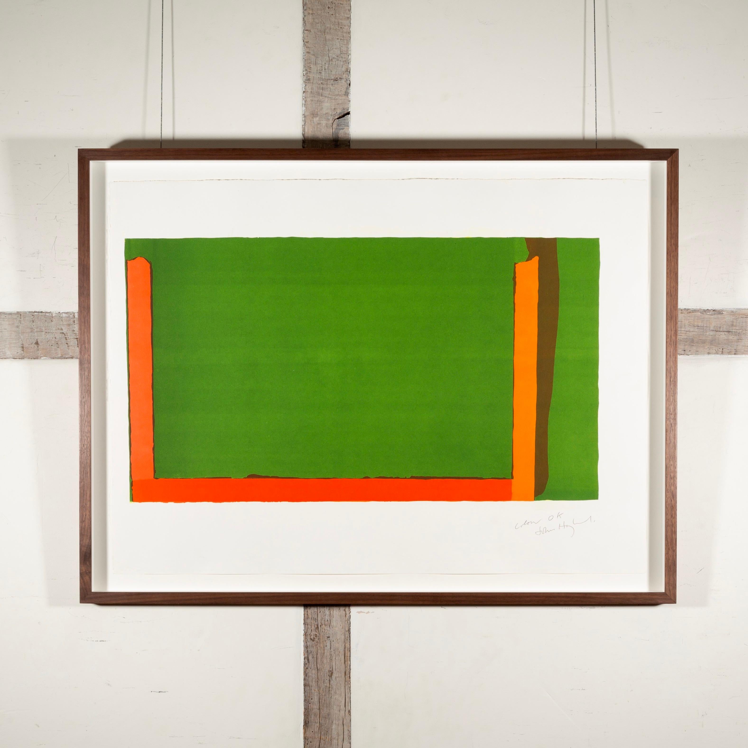 Small Green Swiss, 1968 - Green Abstract Minimalist Print with Orange and Red For Sale 1